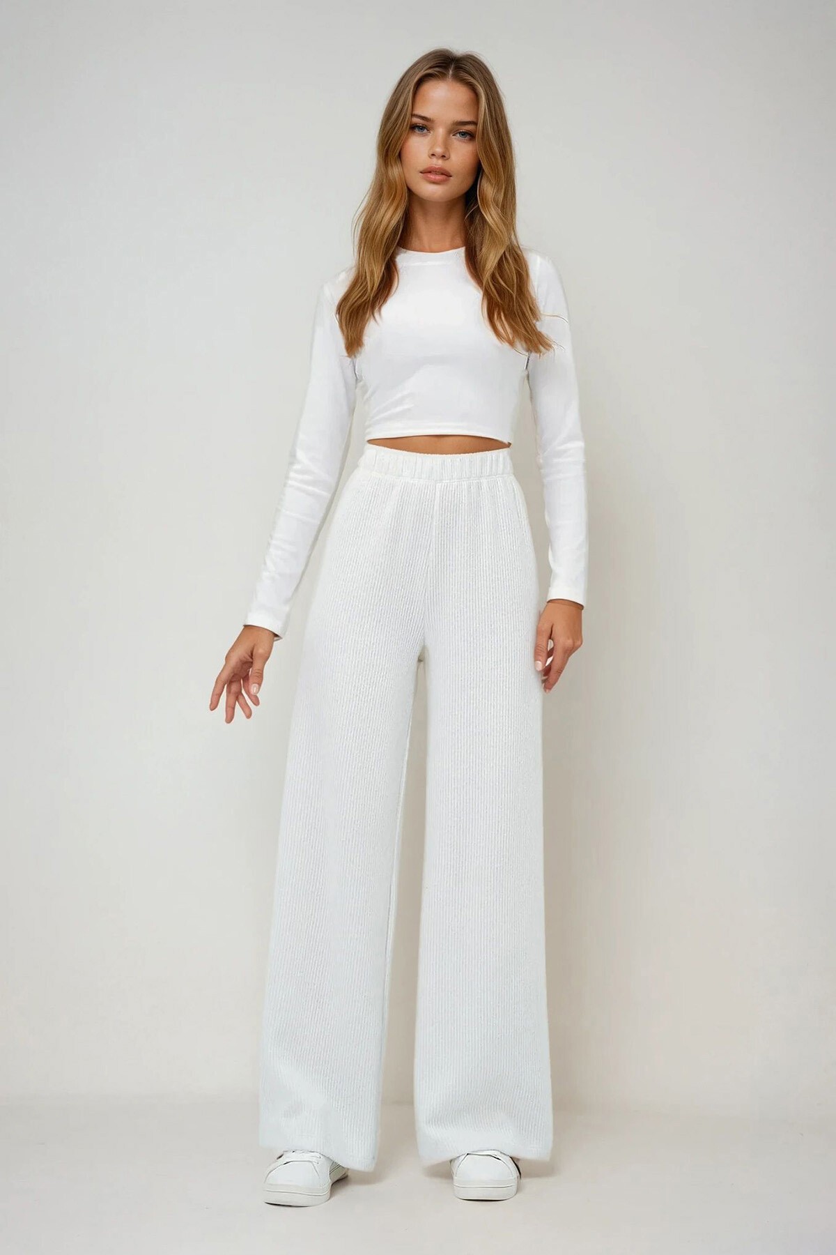 Beyaz Yüksek Bel Palazzo Örme Kumaş Fitilli Palazzo Pantolon