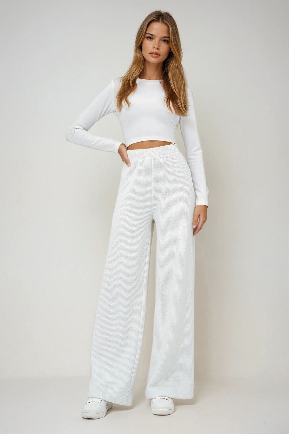 Beyaz Yüksek Bel Palazzo Örme Kumaş Fitilli Palazzo Pantolon
