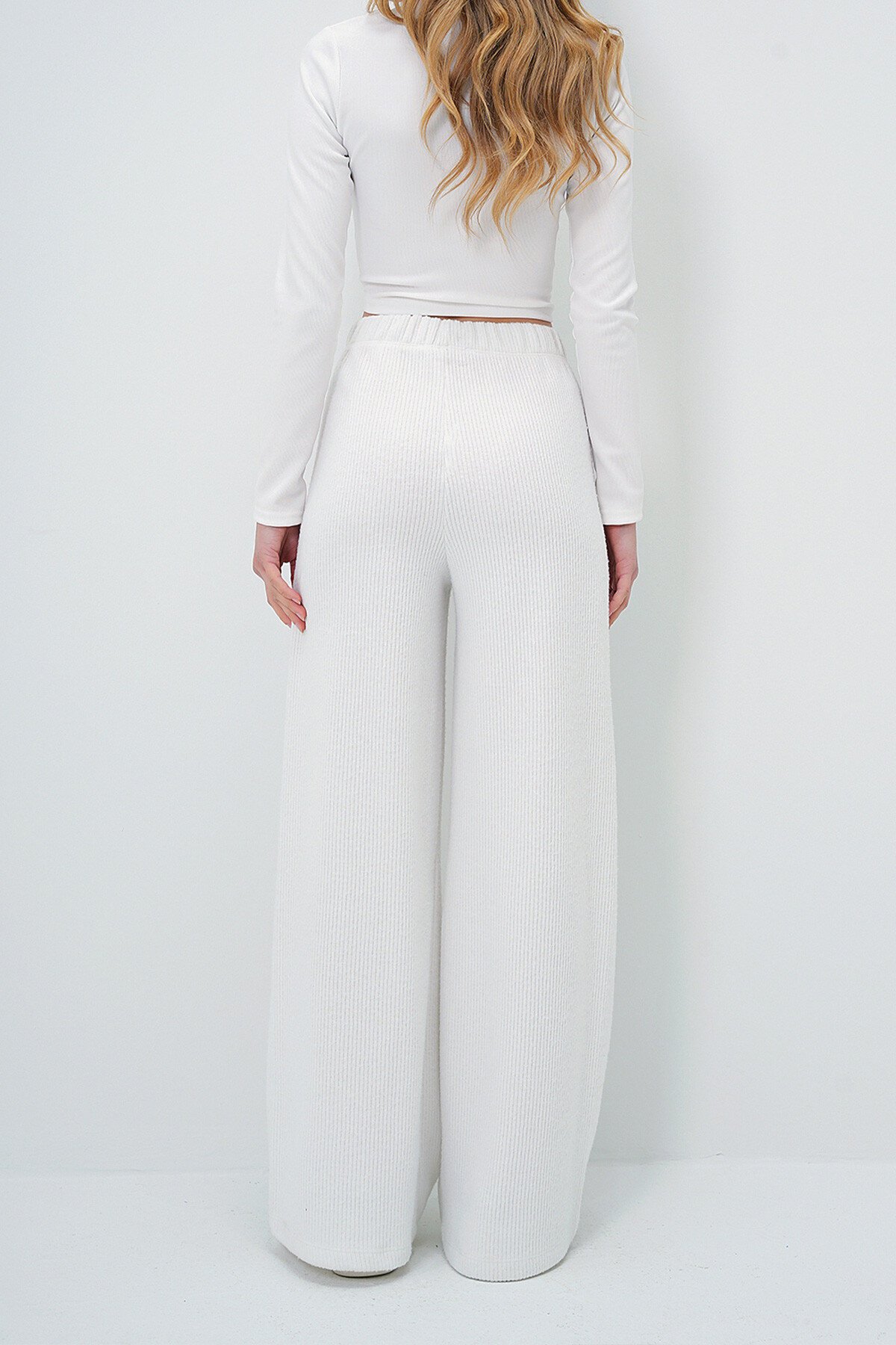 Beyaz Yüksek Bel Palazzo Örme Kumaş Fitilli Palazzo Pantolon