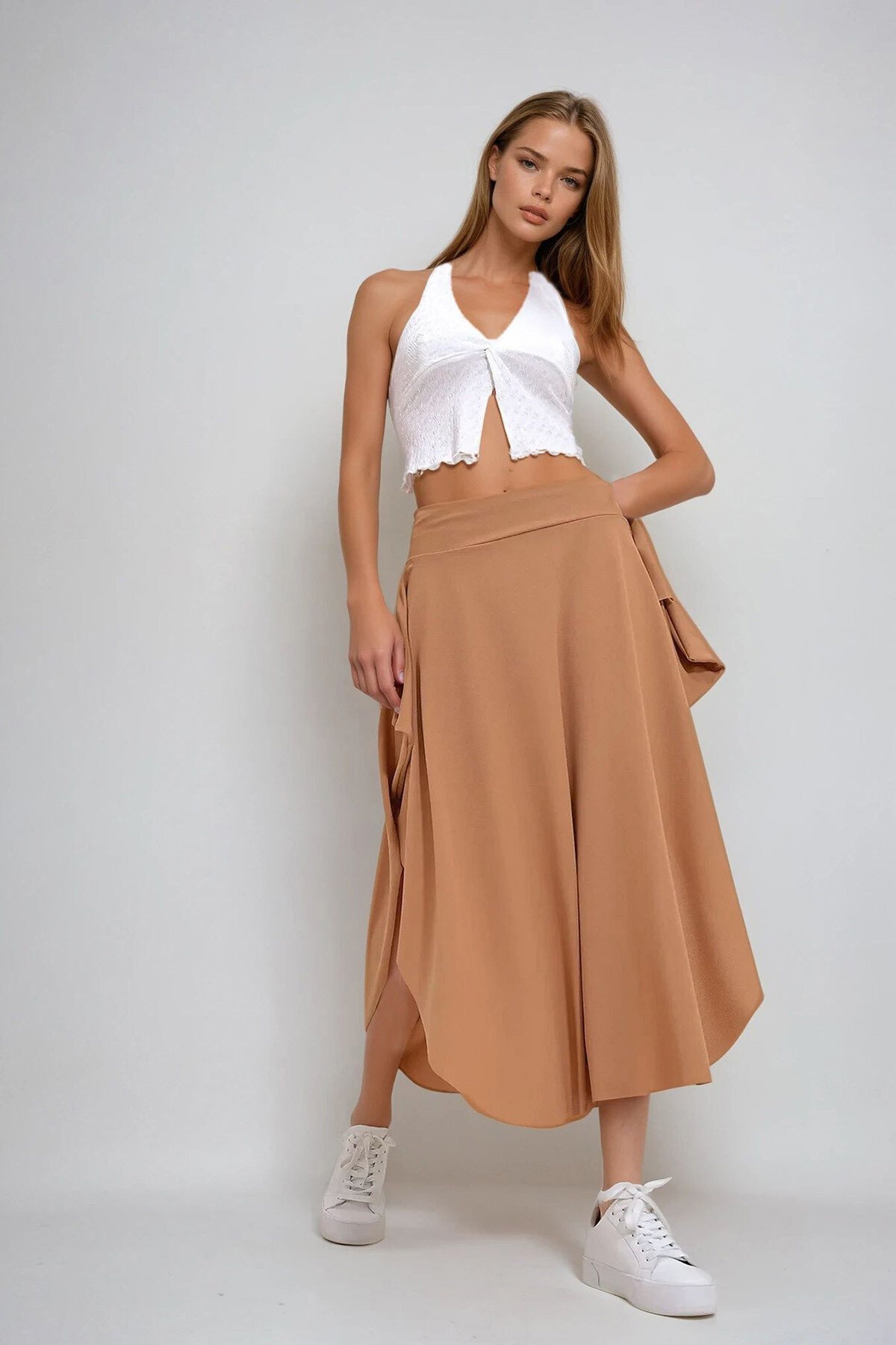 Bisküvi Asimetrik Kesim Beli Bağlamalı Etek