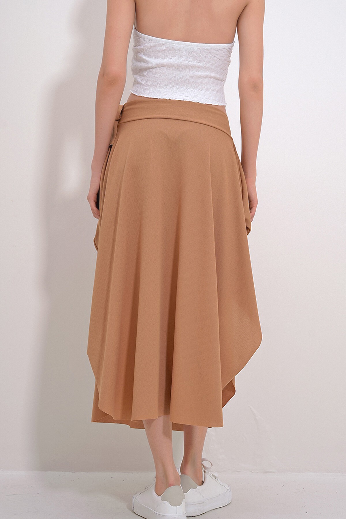 Bisküvi Asimetrik Kesim Beli Bağlamalı Etek