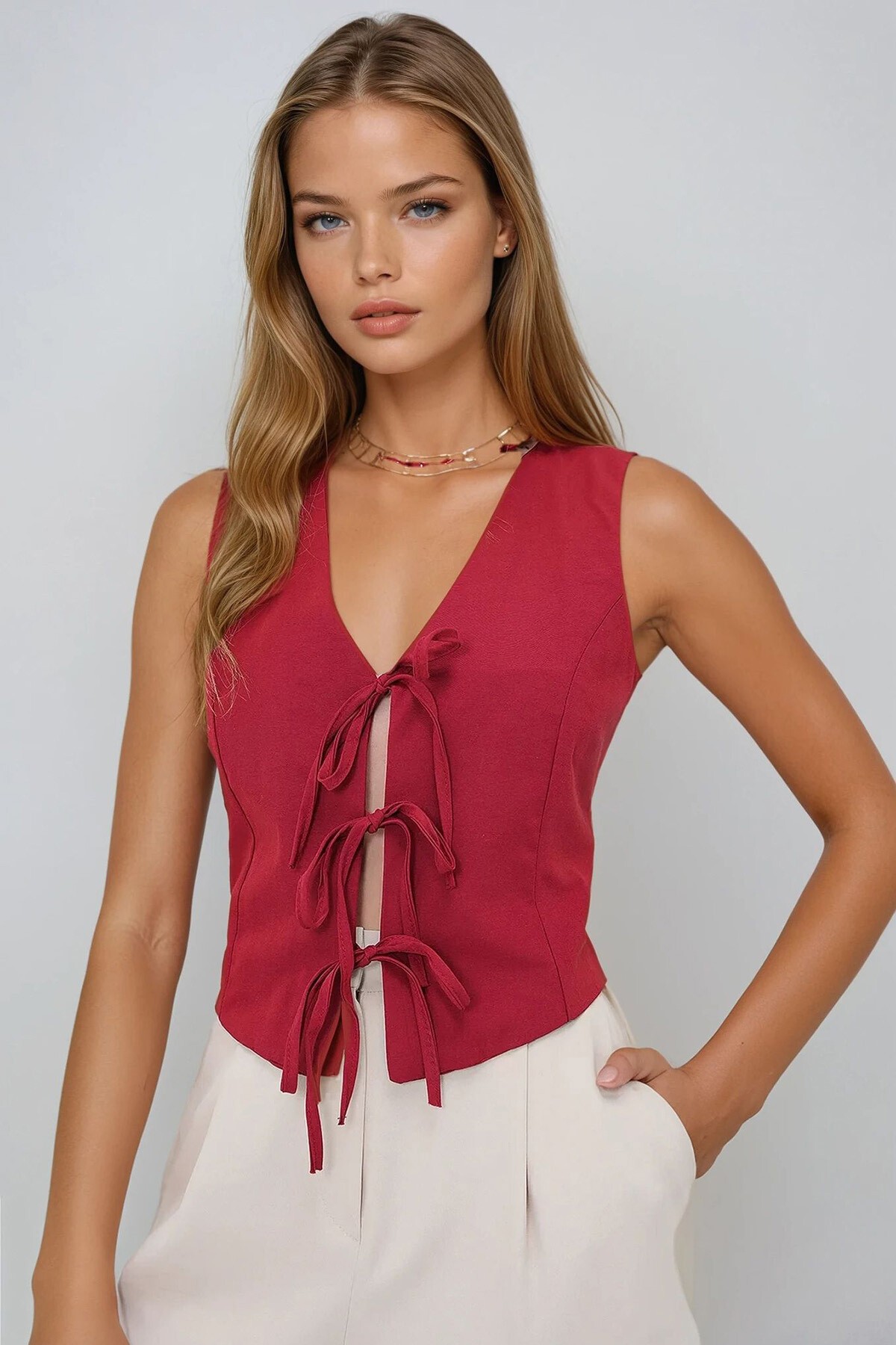 Bordo Bağlama Detaylı İçi Astarlı Yazlık Dokuma Yelek