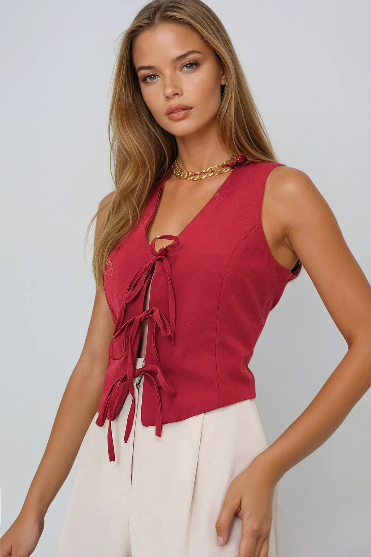 Bordo Bağlama Detaylı İçi Astarlı Yazlık Dokuma Yelek