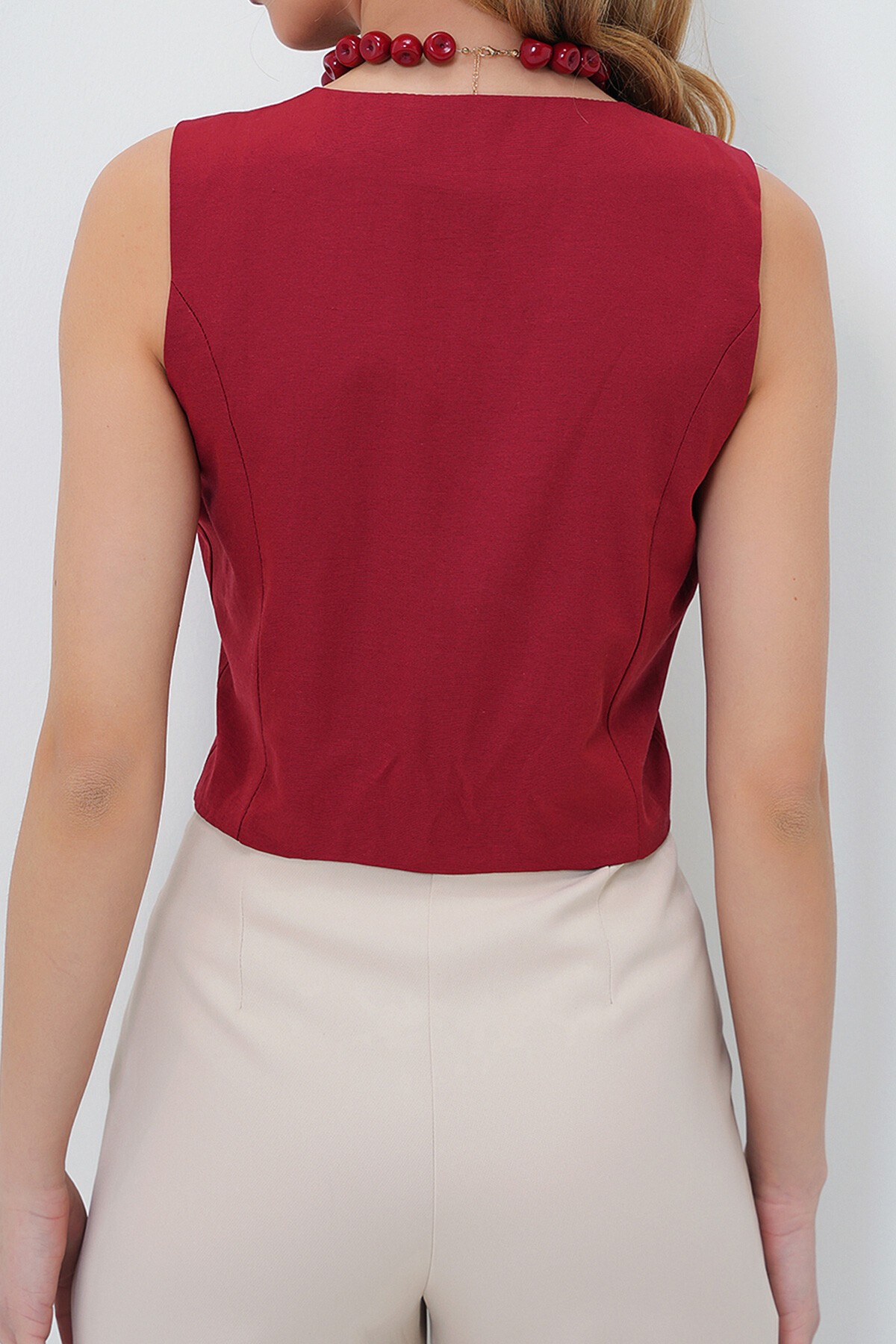 Bordo Bağlama Detaylı İçi Astarlı Yazlık Dokuma Yelek