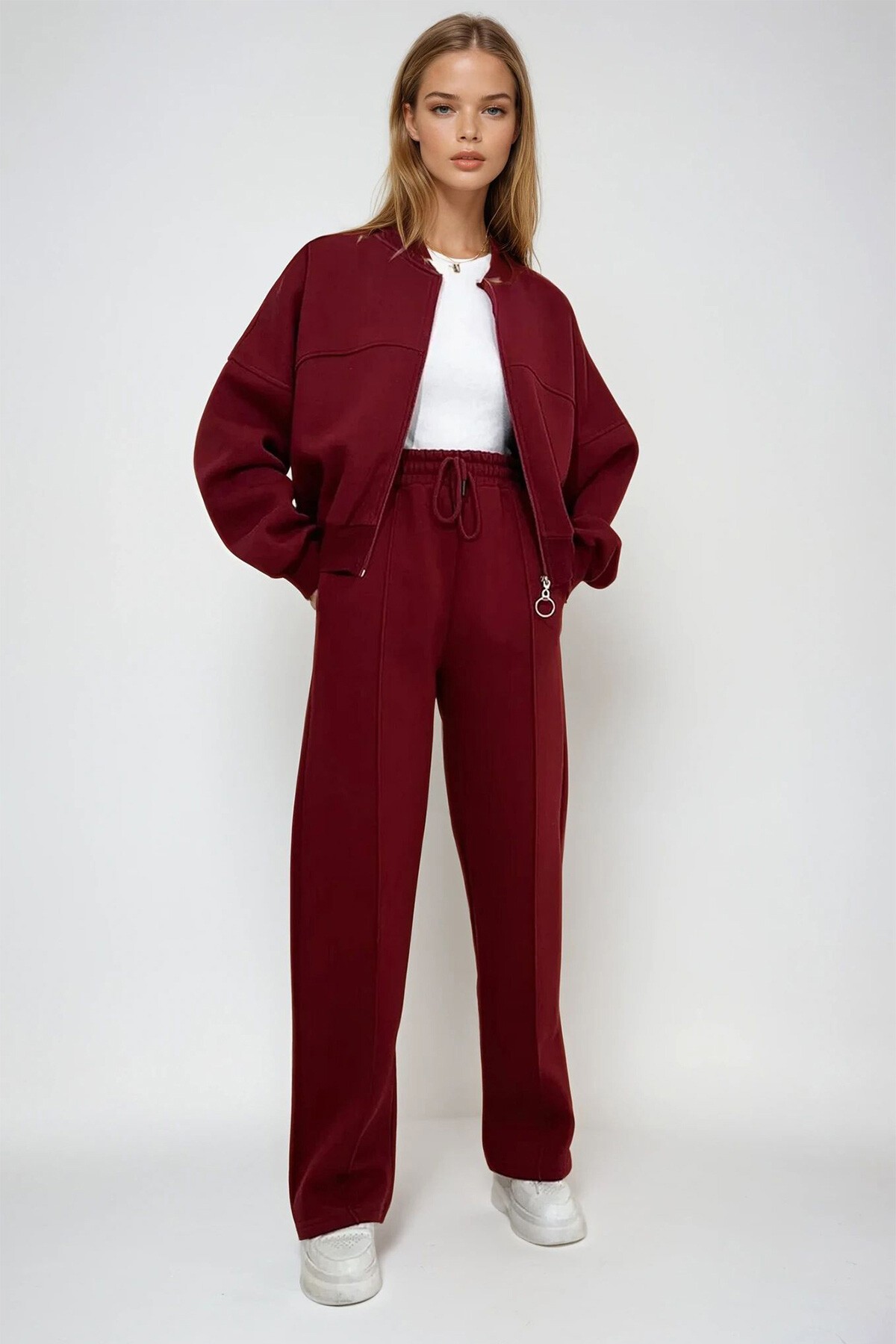 Bordo Bisiklet Yaka 3 İplik Şardonlu Önü Fermuarlı Sweat Ve Çimalı Pantolon Takım