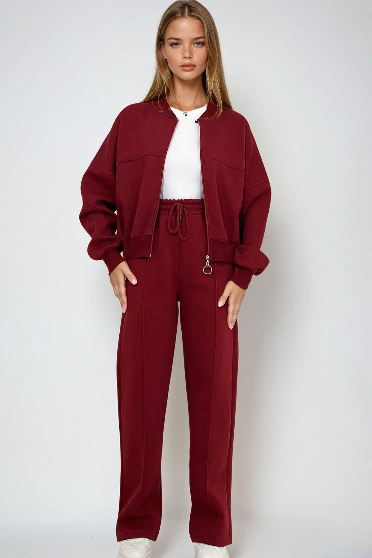 Bordo Bisiklet Yaka 3 İplik Şardonlu Önü Fermuarlı Sweat Ve Çimalı Pantolon Takım