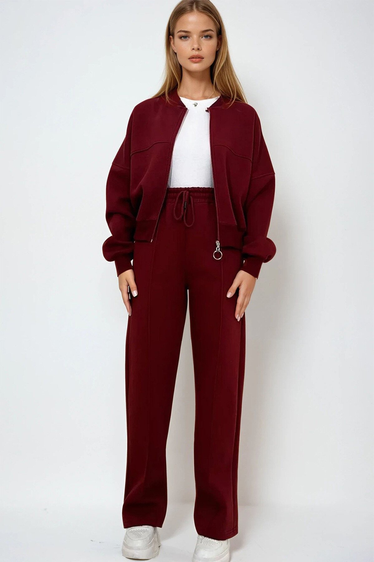 Bordo Bisiklet Yaka 3 İplik Şardonlu Önü Fermuarlı Sweat Ve Çimalı Pantolon Takım
