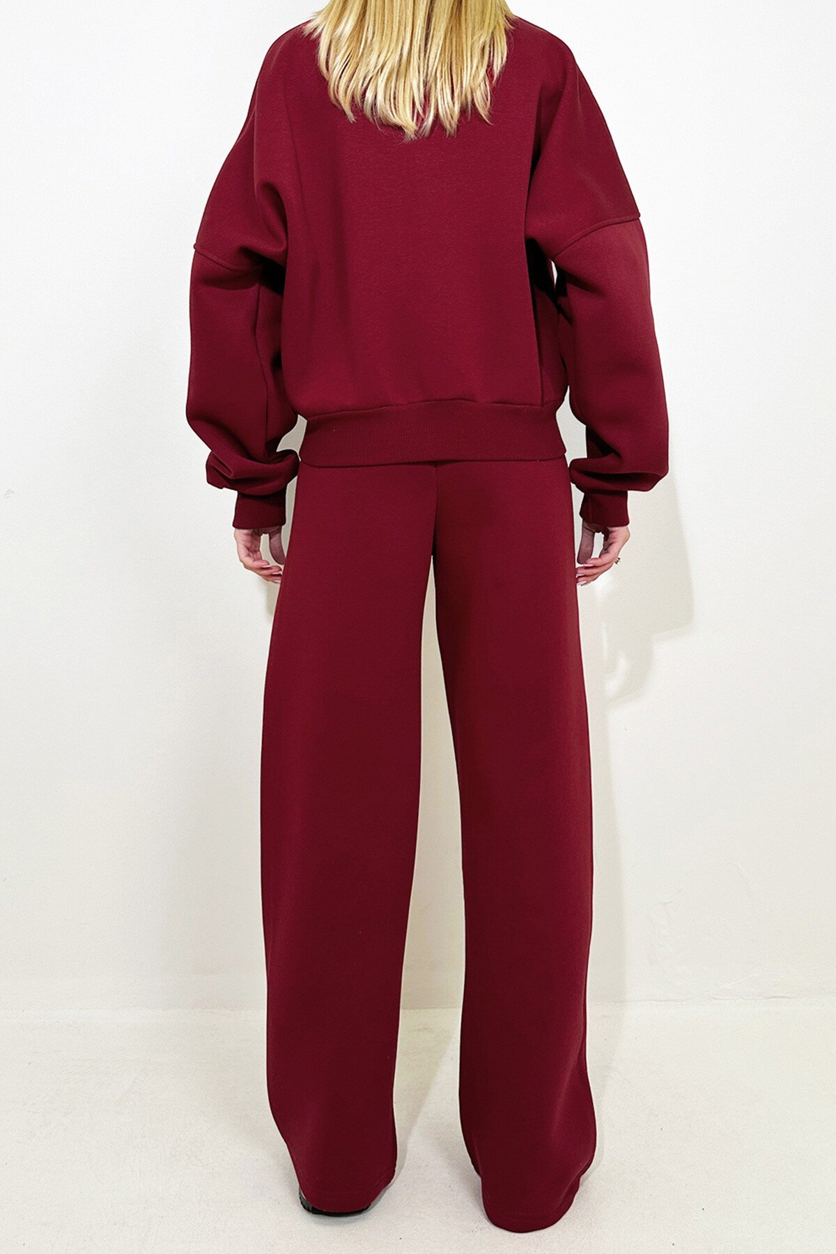 Bordo Bisiklet Yaka 3 İplik Şardonlu Önü Fermuarlı Sweat Ve Çimalı Pantolon Takım