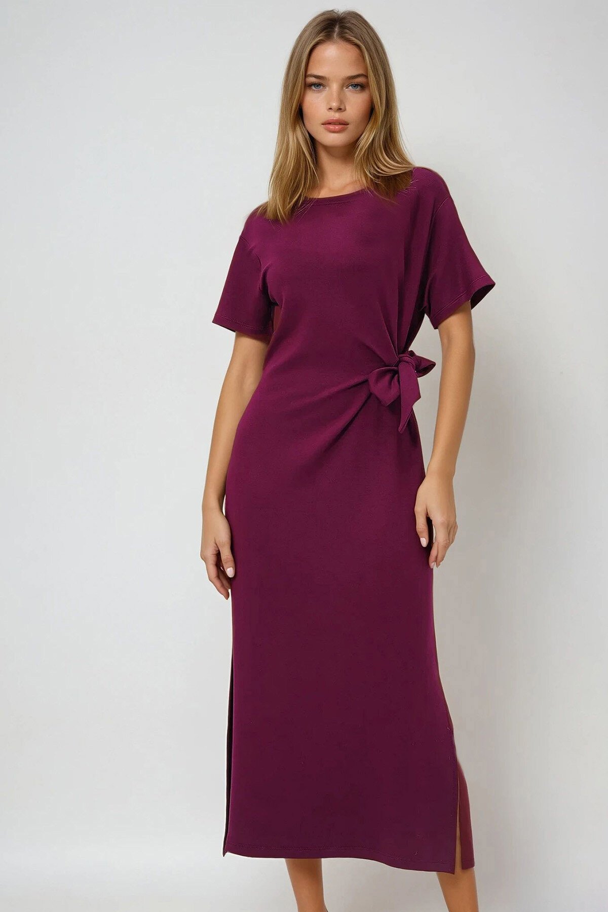 Bordo Bisiklet Yaka Beli Bağlama Detaylı Kısa Kol Yırtmaçlı Yazlık Örme Elbise