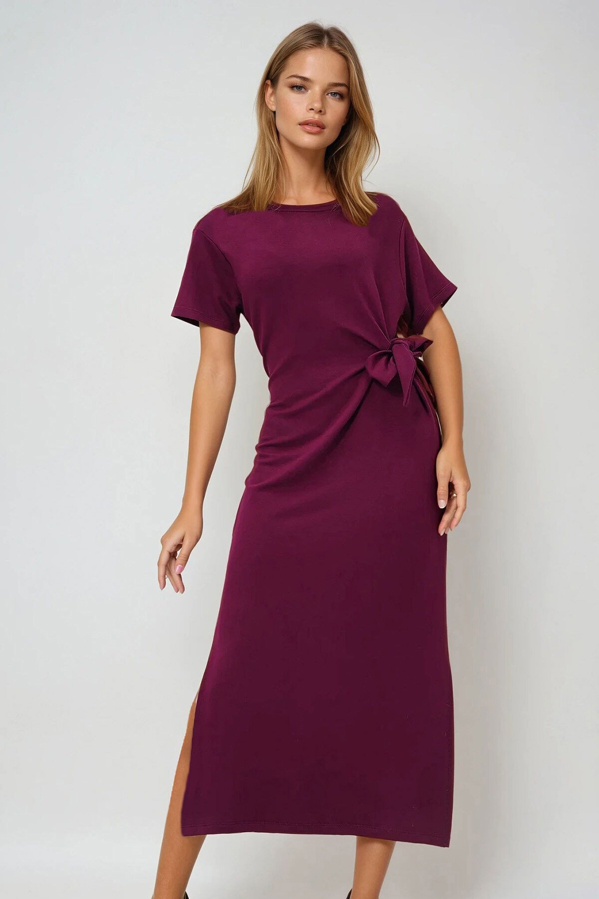 Bordo Bisiklet Yaka Beli Bağlama Detaylı Kısa Kol Yırtmaçlı Yazlık Örme Elbise