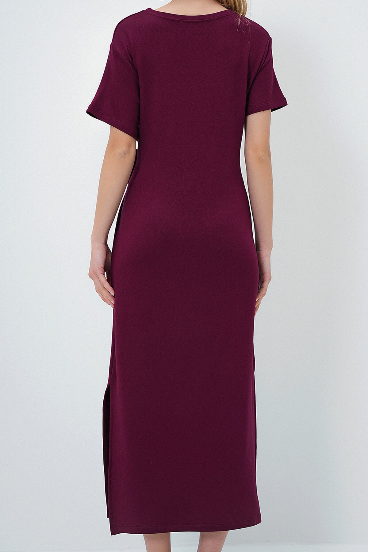 Bordo Bisiklet Yaka Beli Bağlama Detaylı Kısa Kol Yırtmaçlı Yazlık Örme Elbise