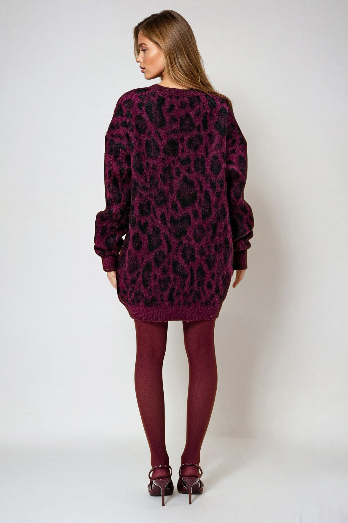 Bordo Bisiklet Yaka Desenli Şardonlu Oversize Kışlık Triko Kazak