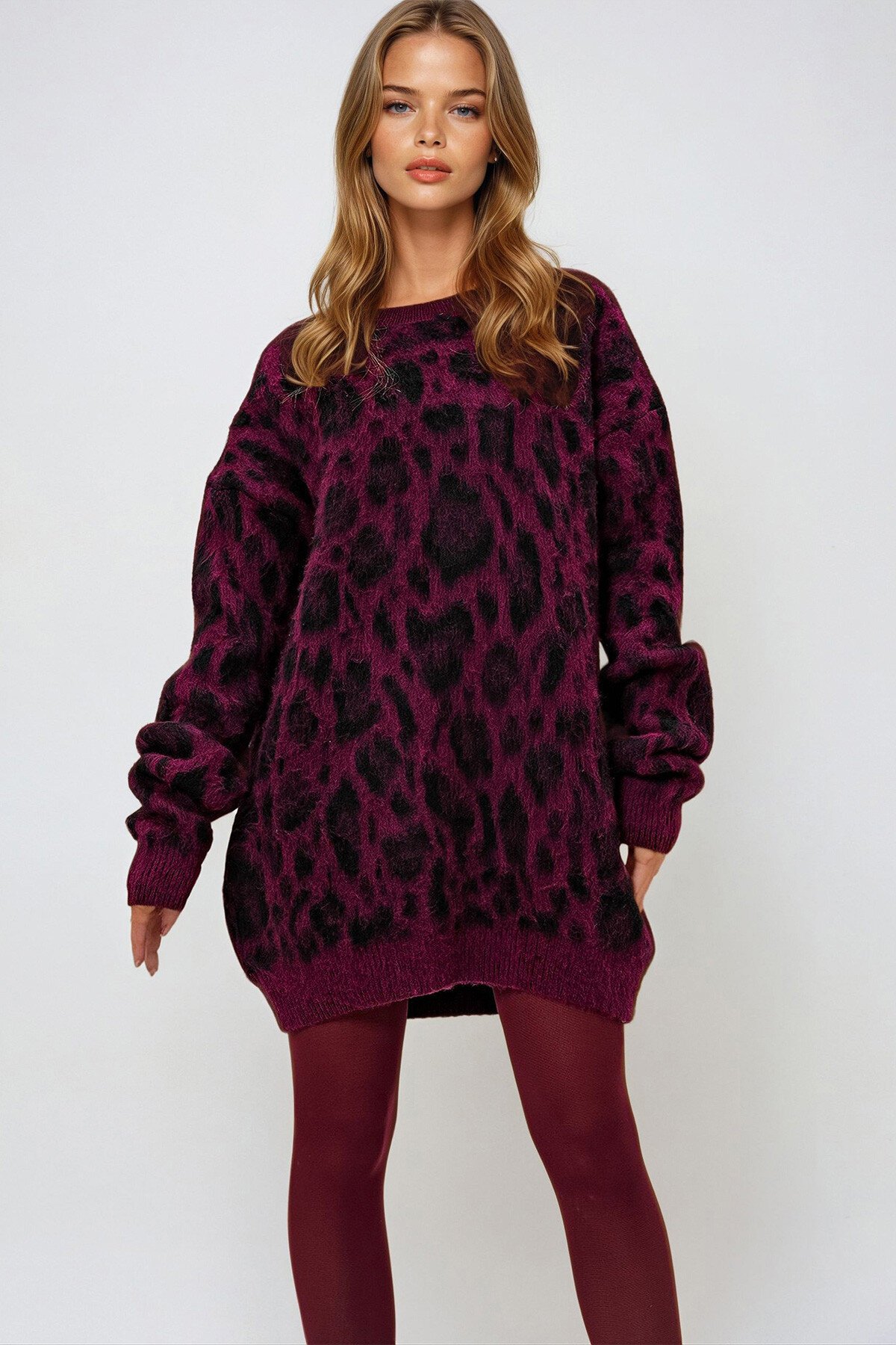 Bordo Bisiklet Yaka Desenli Şardonlu Oversize Kışlık Triko Kazak