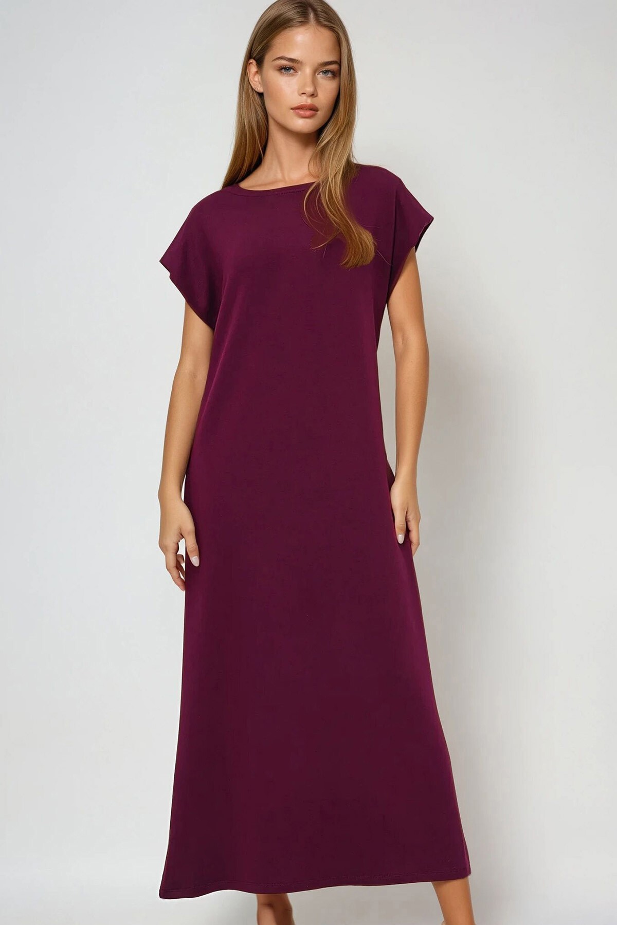 Bordo Bisiklet Yaka Omuzları Vatkalı Örme Yazlık Elbise