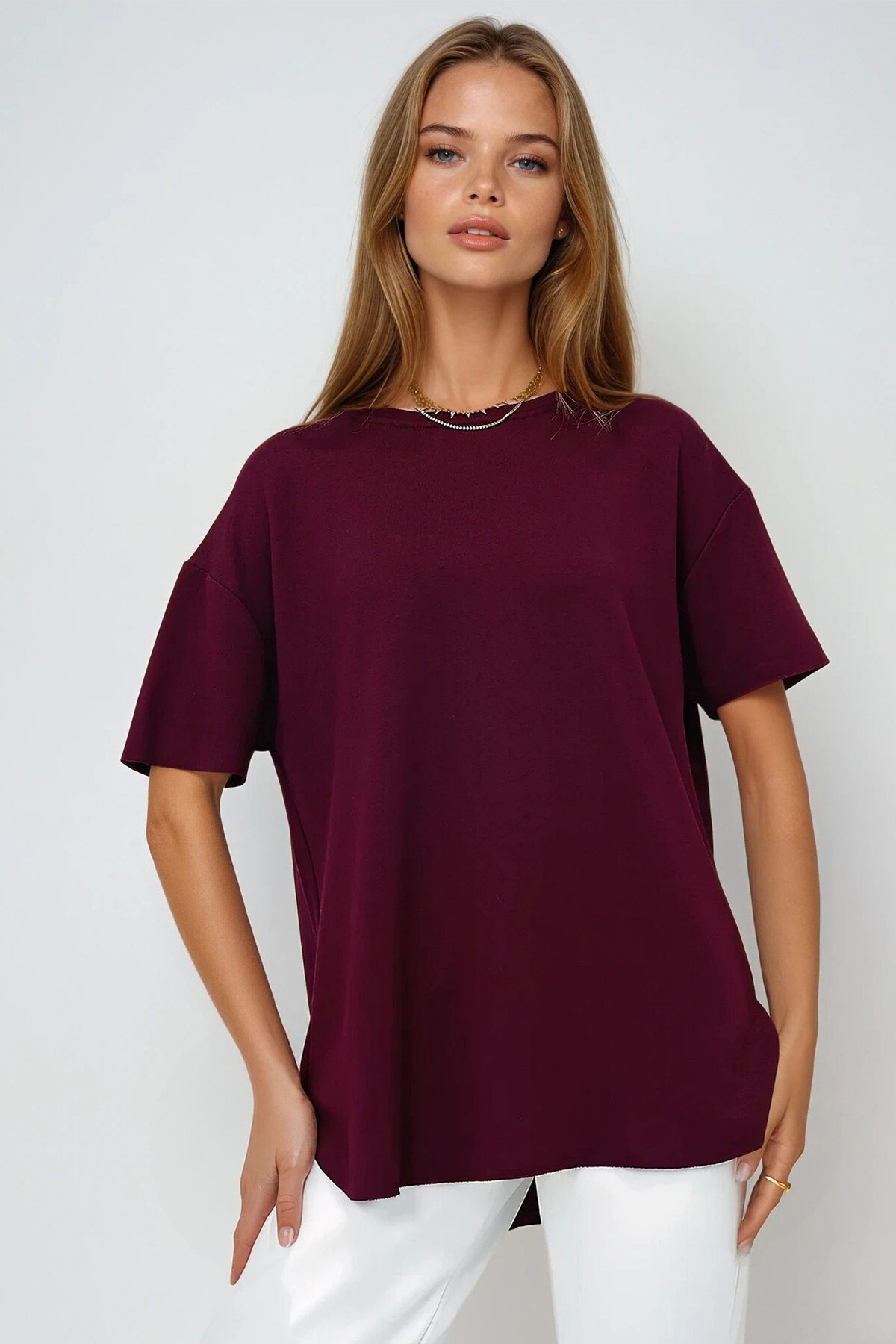 Bordo Bisiklet Yaka Oval Kesim Modal T Shirt