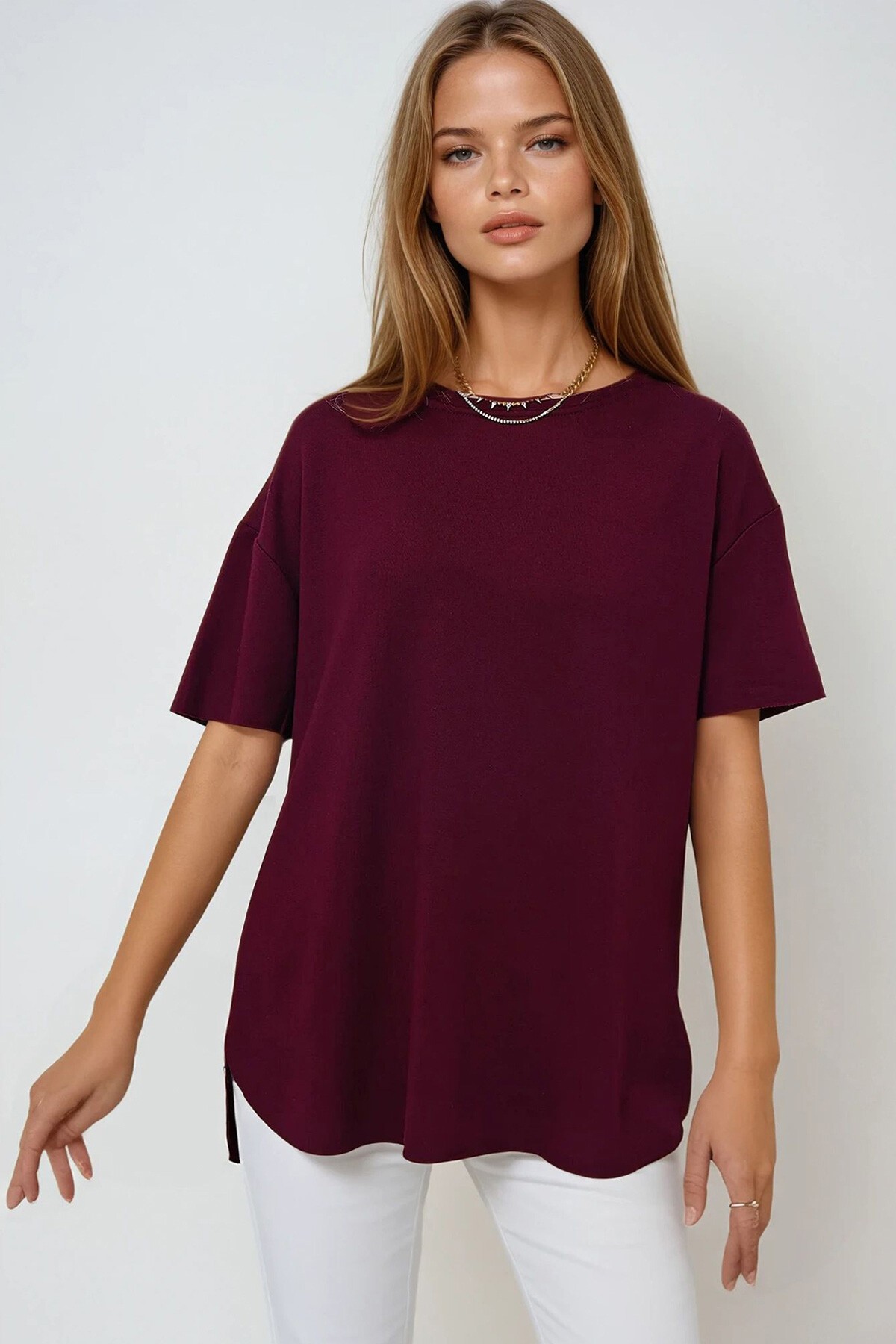 Bordo Bisiklet Yaka Oval Kesim Modal T Shirt
