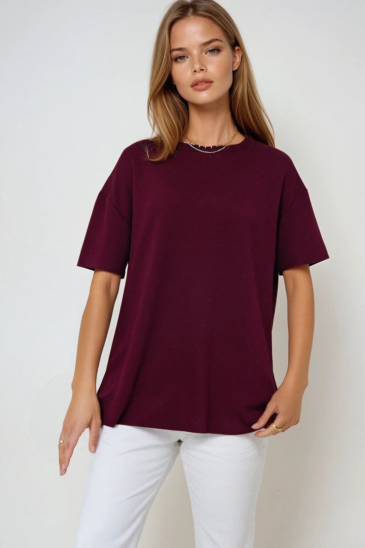 Bordo Bisiklet Yaka Oval Kesim Modal T Shirt