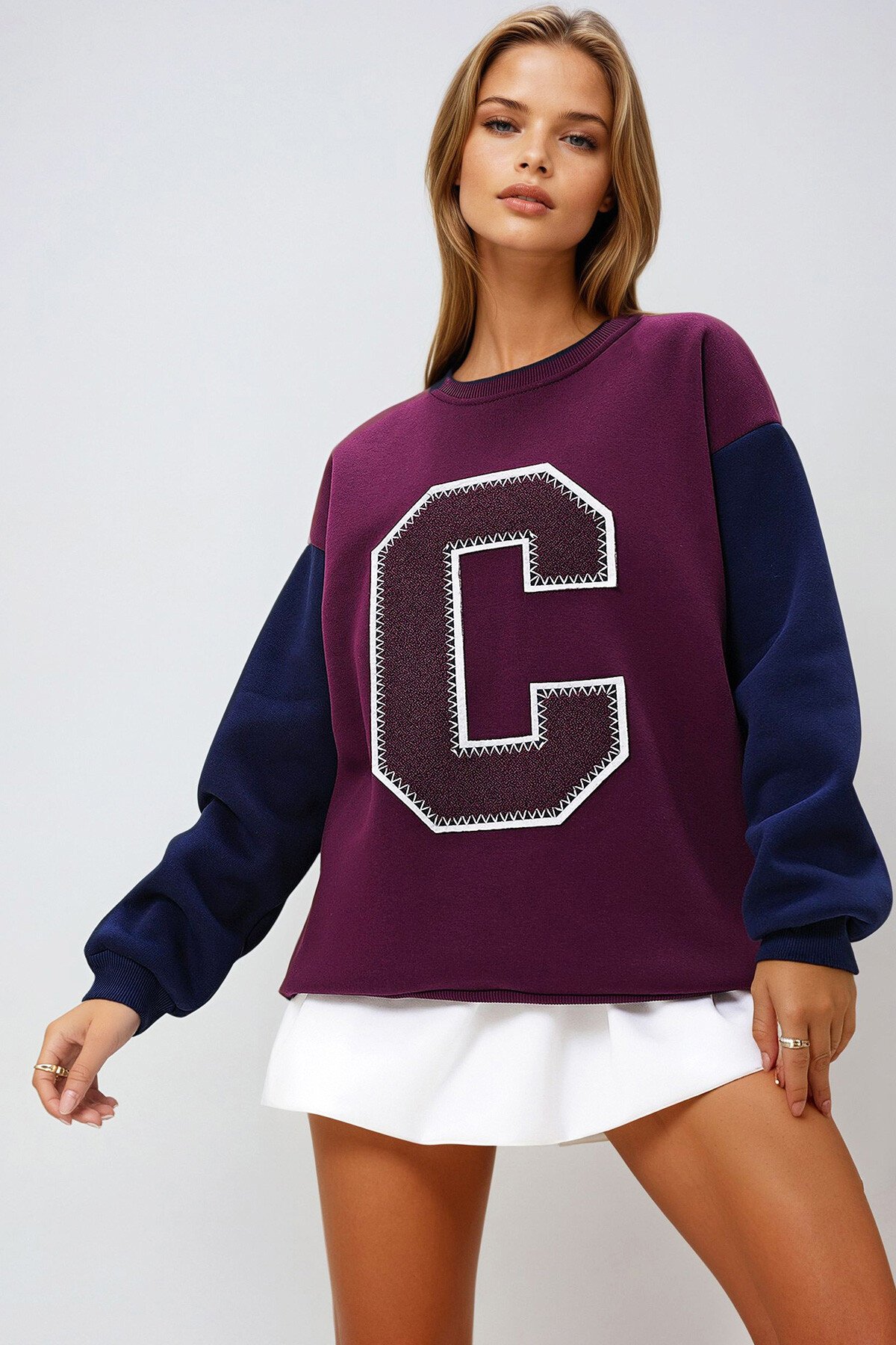 Bordo Bisiklet Yaka Renk Bloklu Harf Detaylı 2 İplik Sweatshirt