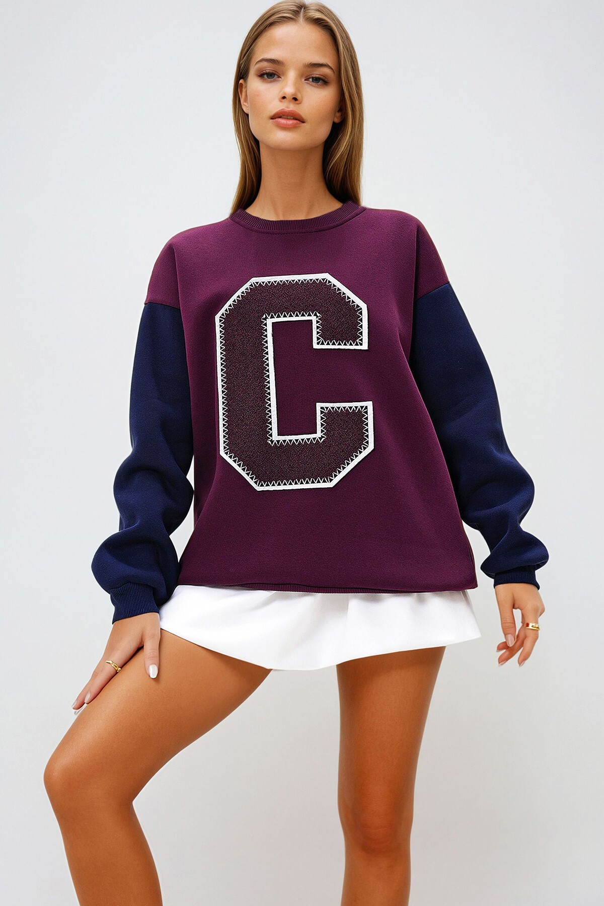 Bordo Bisiklet Yaka Renk Bloklu Harf Detaylı 2 İplik Sweatshirt