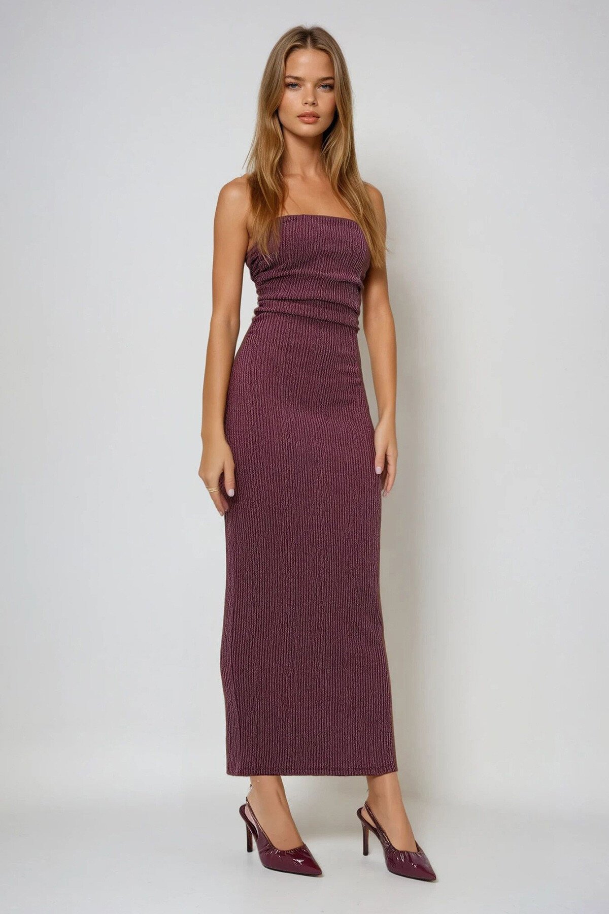 Bordo Bürümcük Kumaş Yanları Büzgülü Yazlık Straplez Elbise