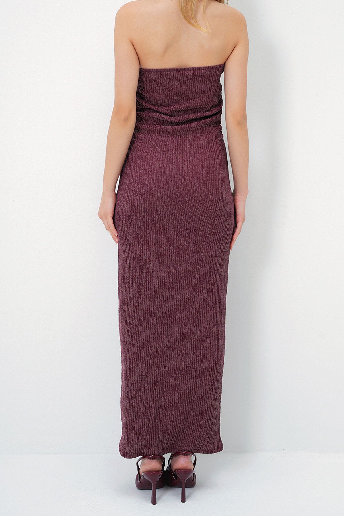 Bordo Bürümcük Kumaş Yanları Büzgülü Yazlık Straplez Elbise