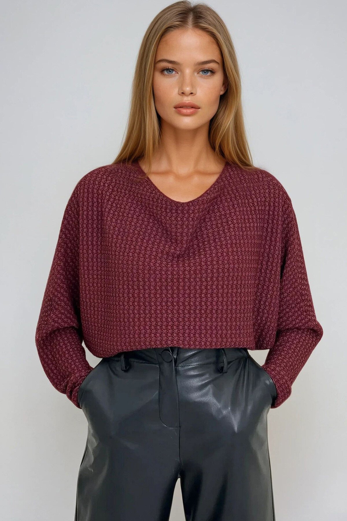 Bordo Degaje Yaka Geniş Kesim Örme Bluz