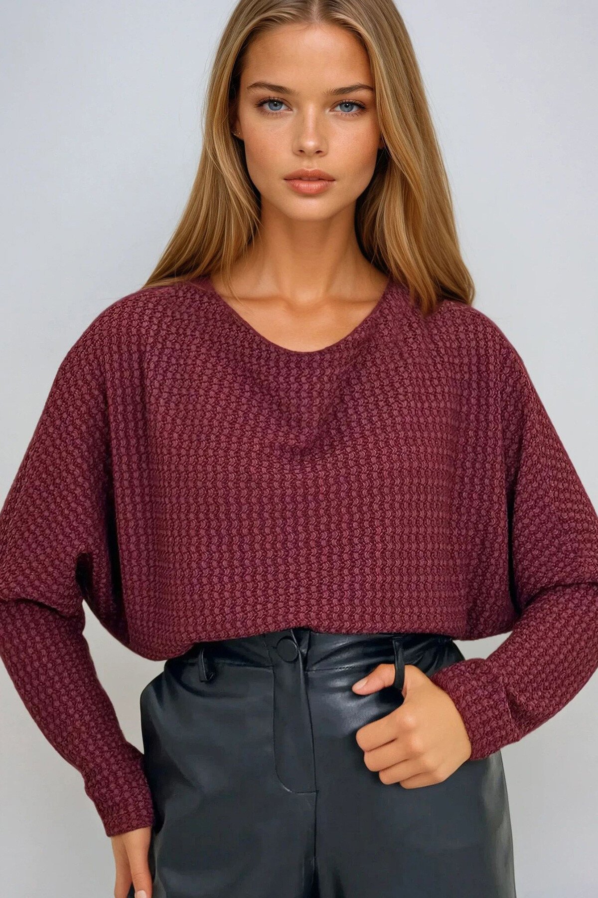 Bordo Degaje Yaka Geniş Kesim Örme Bluz