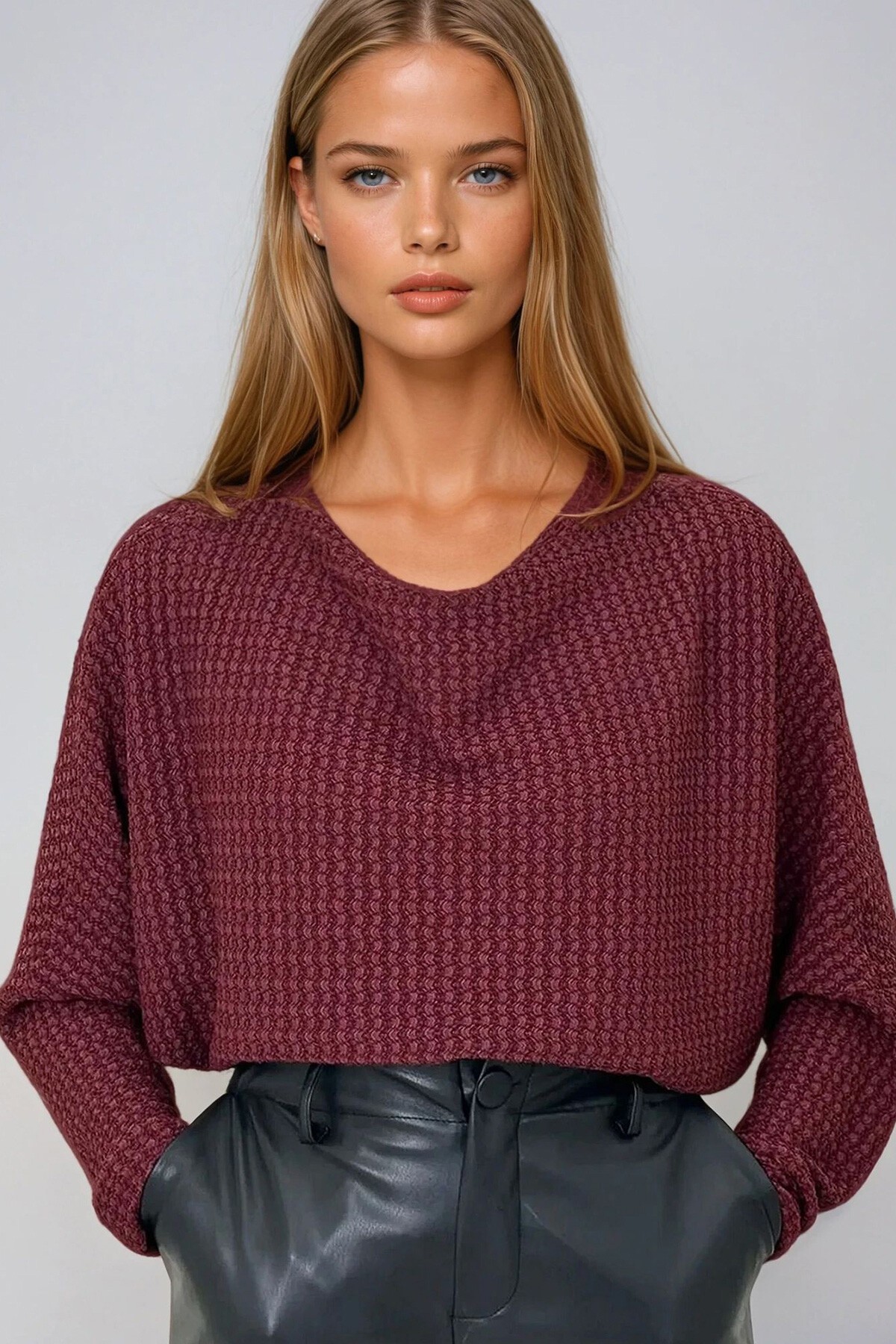 Bordo Degaje Yaka Geniş Kesim Örme Bluz