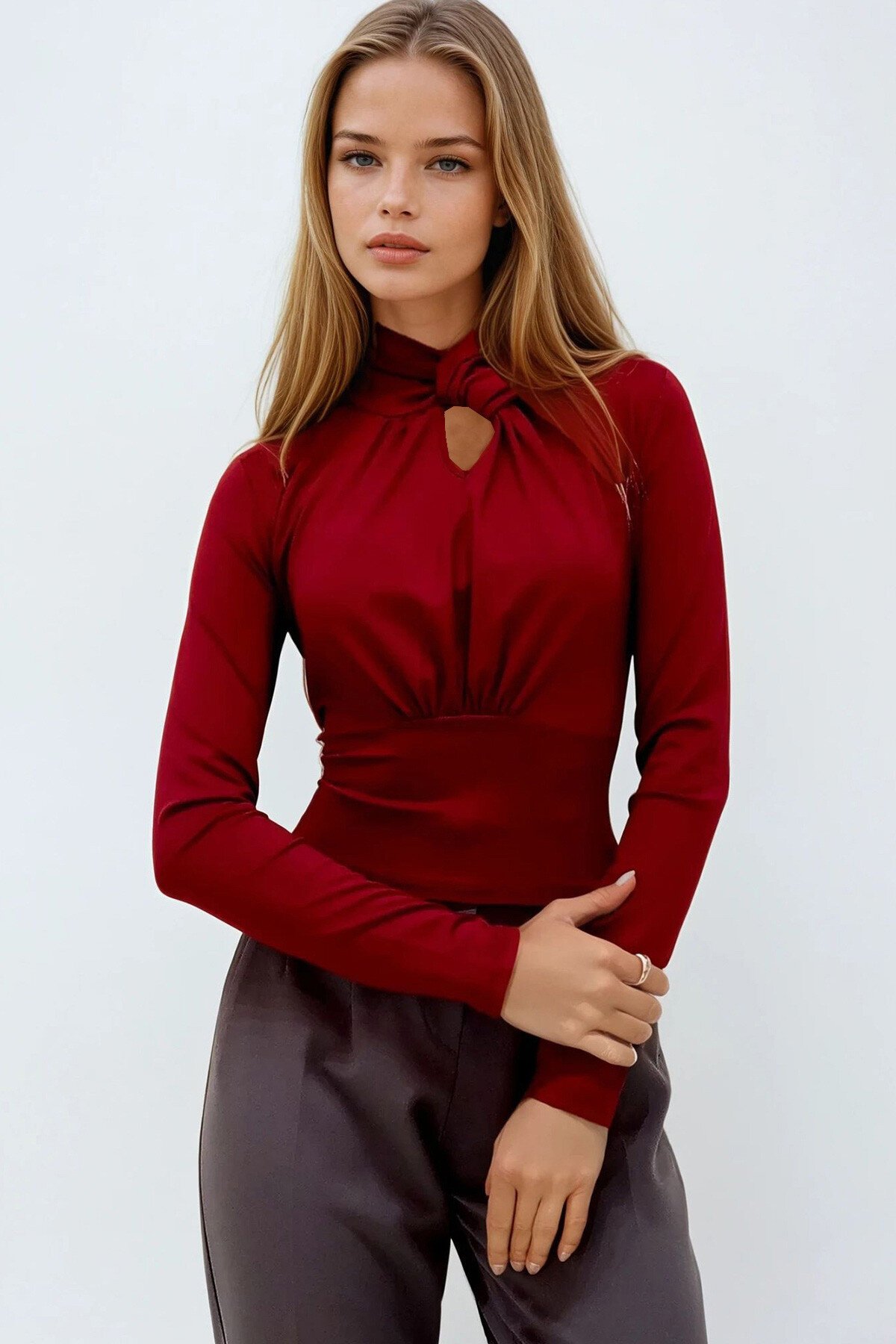 Bordo Dik Yaka Düğüm Detaylı Scuba Kumaş Mevsimlik Bluz