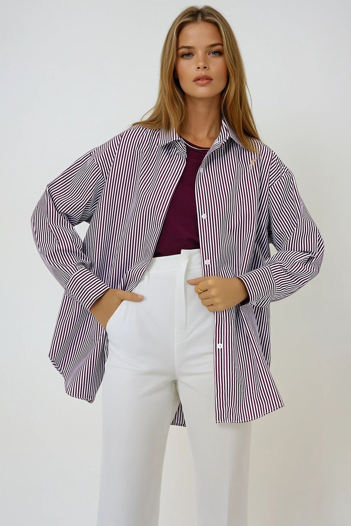 Bordo Gizli Pat Oversize Poplin Kumaş Gömlek