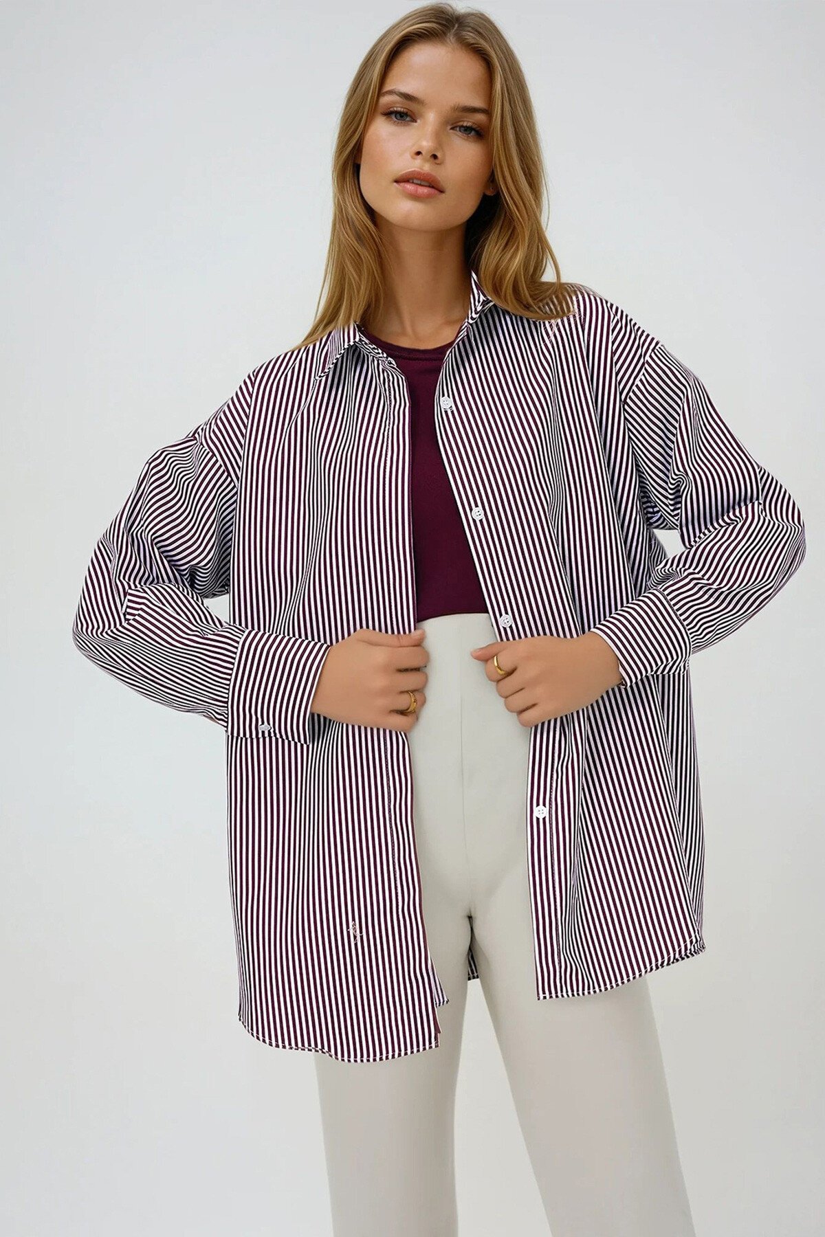 Bordo Gizli Pat Oversize Poplin Kumaş Gömlek