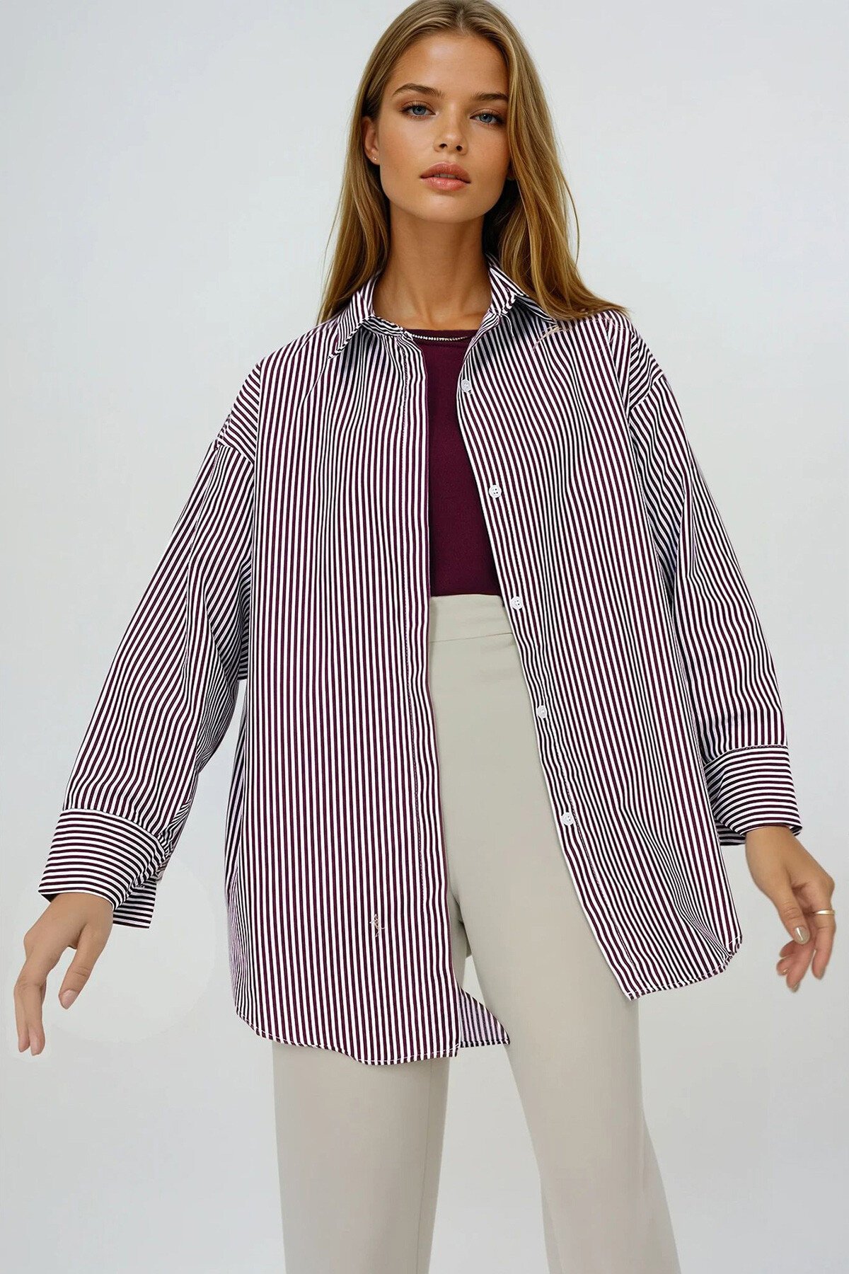 Bordo Gizli Pat Oversize Poplin Kumaş Gömlek