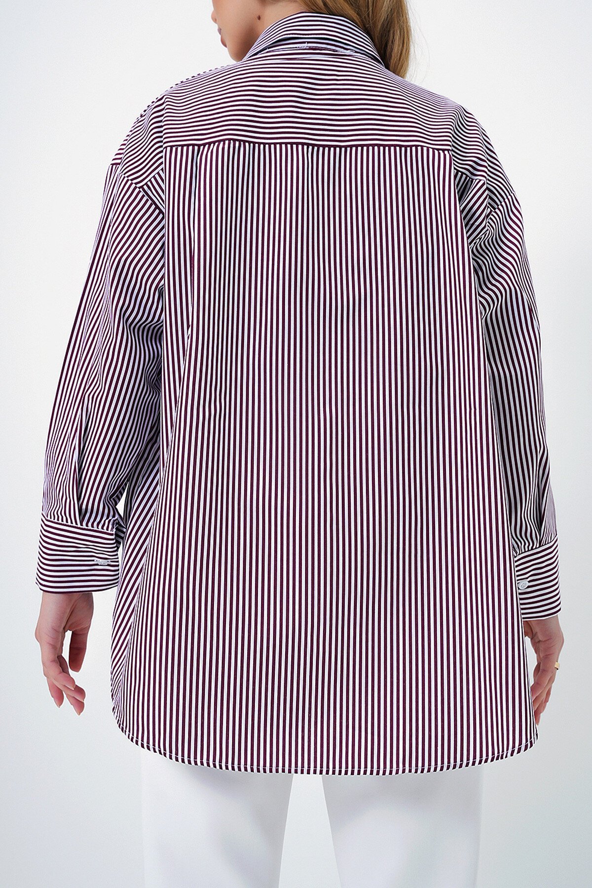 Bordo Gizli Pat Oversize Poplin Kumaş Gömlek