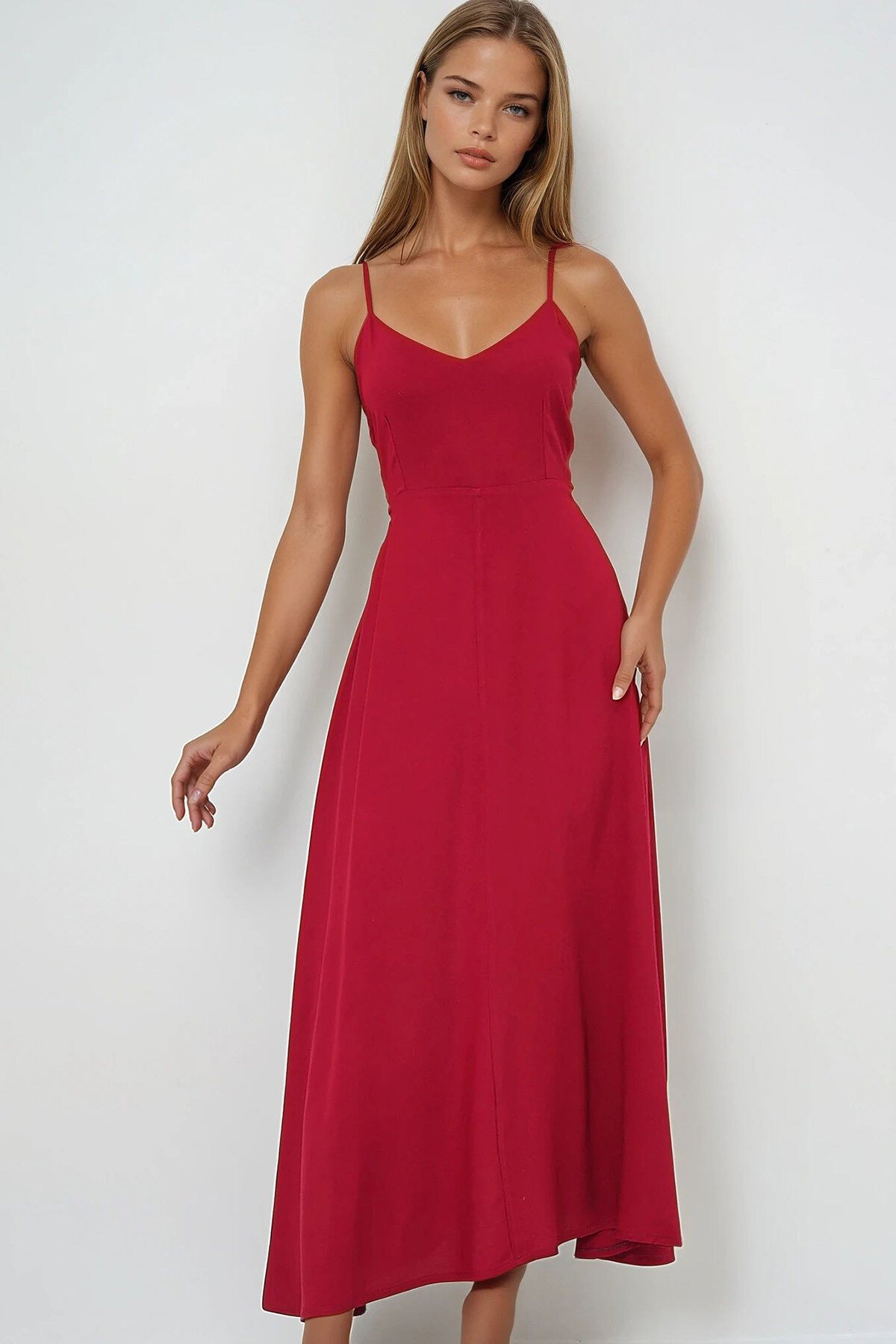 Bordo İp Askılı Sırtı Bağlama Detaylı Maxi Boy Yazlık Elbise