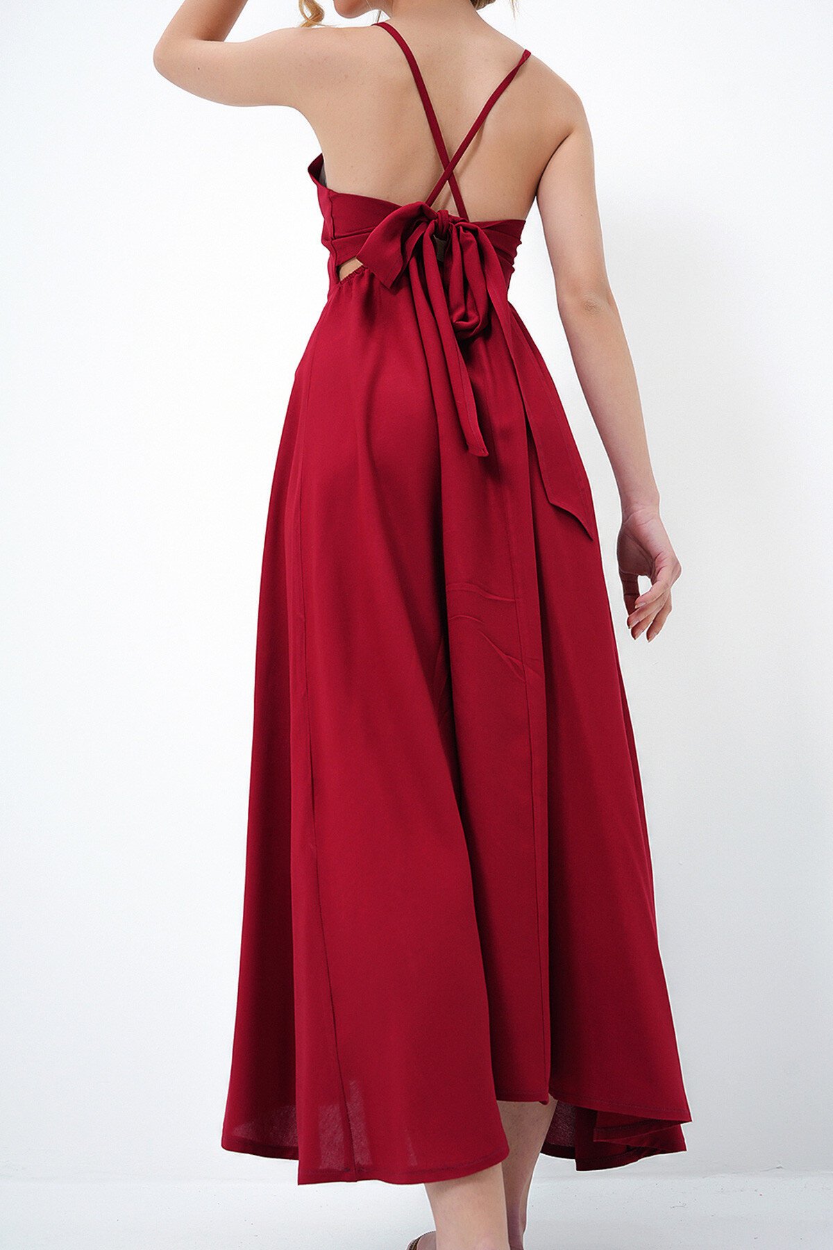 Bordo İp Askılı Sırtı Bağlama Detaylı Maxi Boy Yazlık Elbise