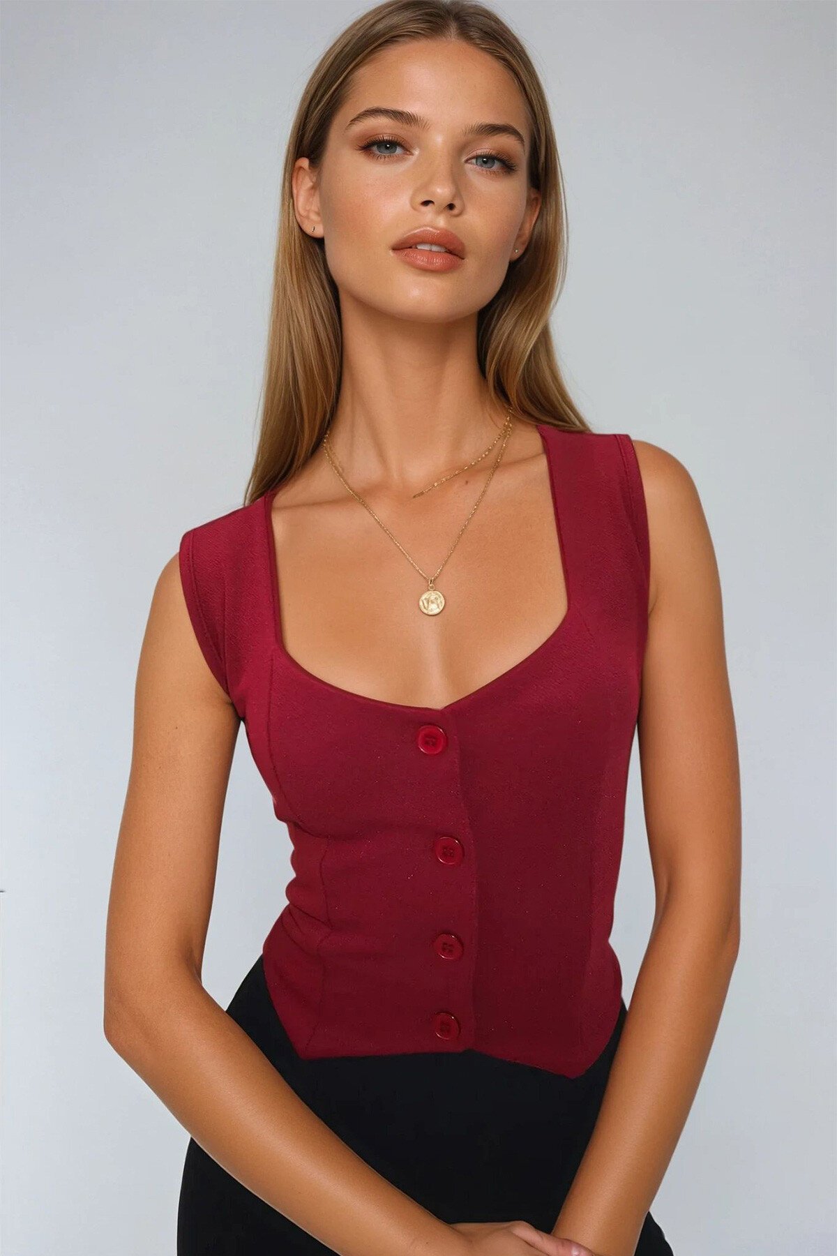 Bordo Kalp Yaka Düğmeli Crop Yelek