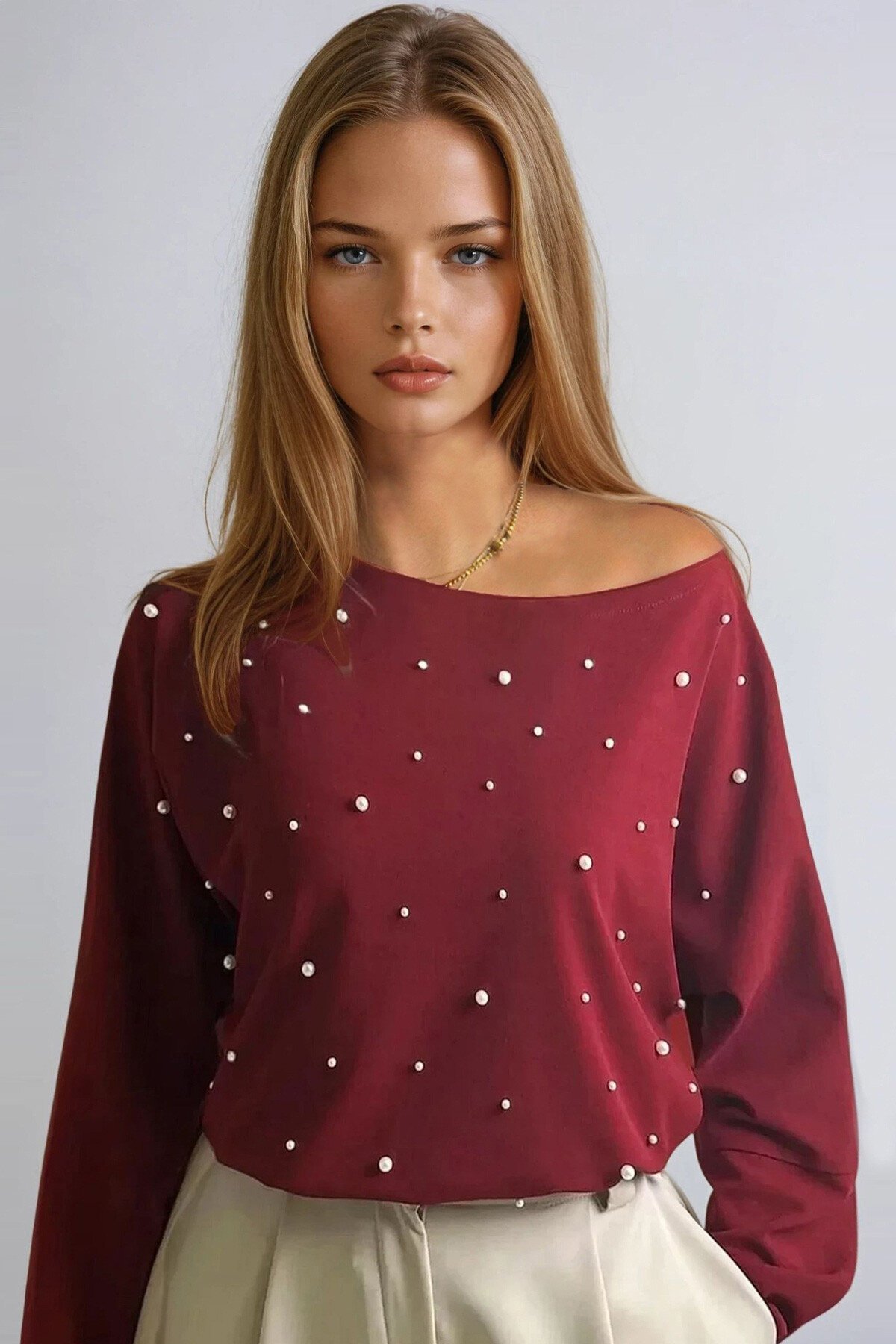 Bordo Kayık Yaka Yarasa Kol İnci Çakmalı Rahat Kesim Bluz