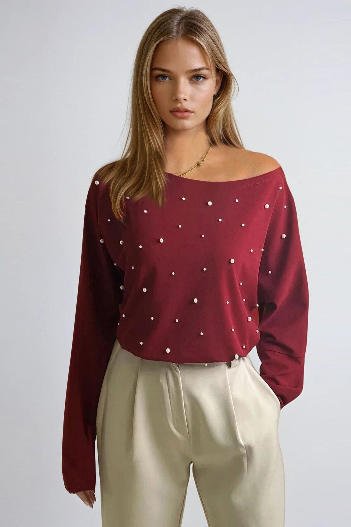 Bordo Kayık Yaka Yarasa Kol İnci Çakmalı Rahat Kesim Bluz