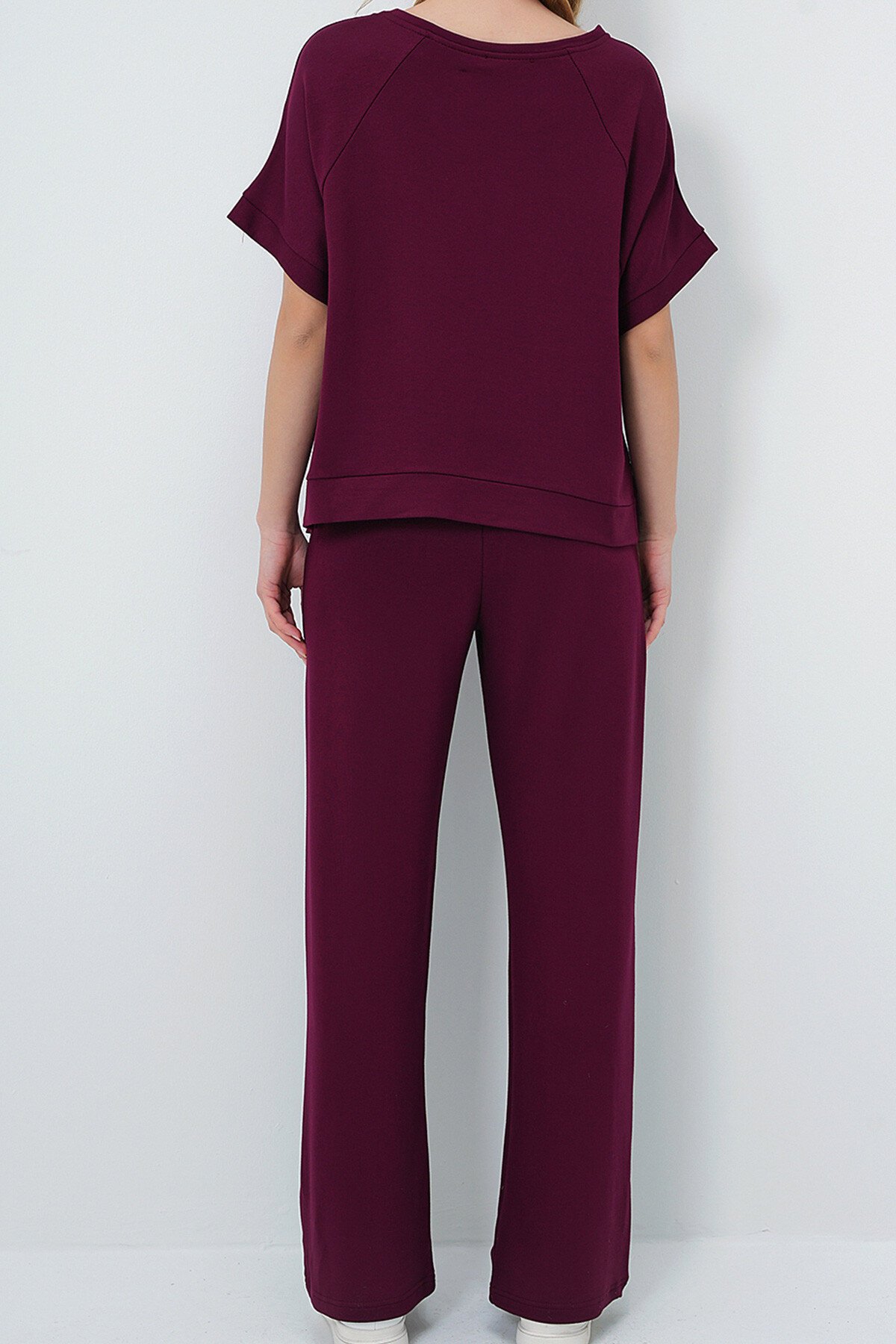 Bordo Kayık Yaka Yarım Kol Yırtmaç Detaylı Bluz Ve Cepli  Pantolon Takım