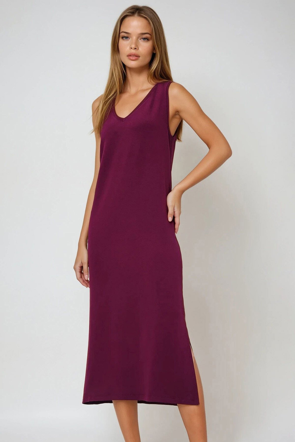 Bordo Ön Arka V Yaka Kalın Askılı Yırtmaçlı Yazlık Örme Elbise