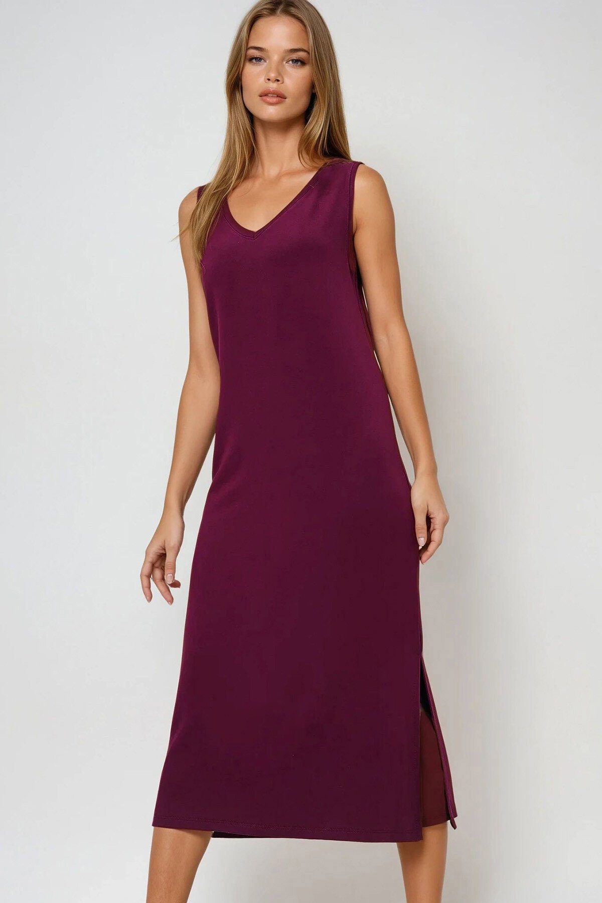 Bordo Ön Arka V Yaka Kalın Askılı Yırtmaçlı Yazlık Örme Elbise