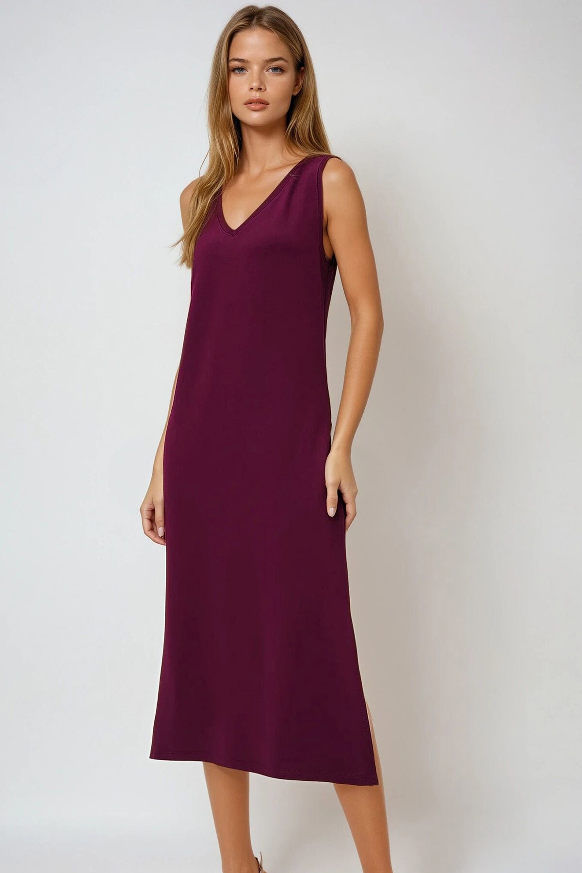 Bordo Ön Arka V Yaka Kalın Askılı Yırtmaçlı Yazlık Örme Elbise