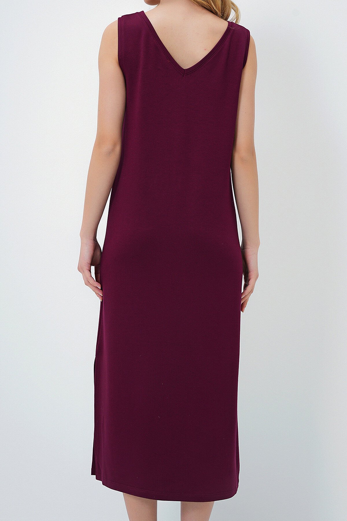 Bordo Ön Arka V Yaka Kalın Askılı Yırtmaçlı Yazlık Örme Elbise
