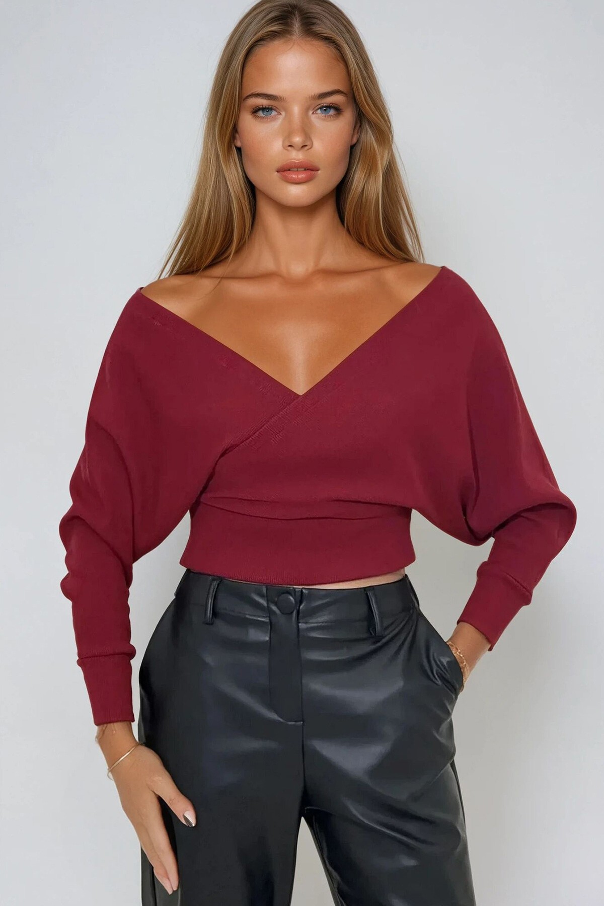 Bordo Ön Arka V Yaka Kruvaze Bluz