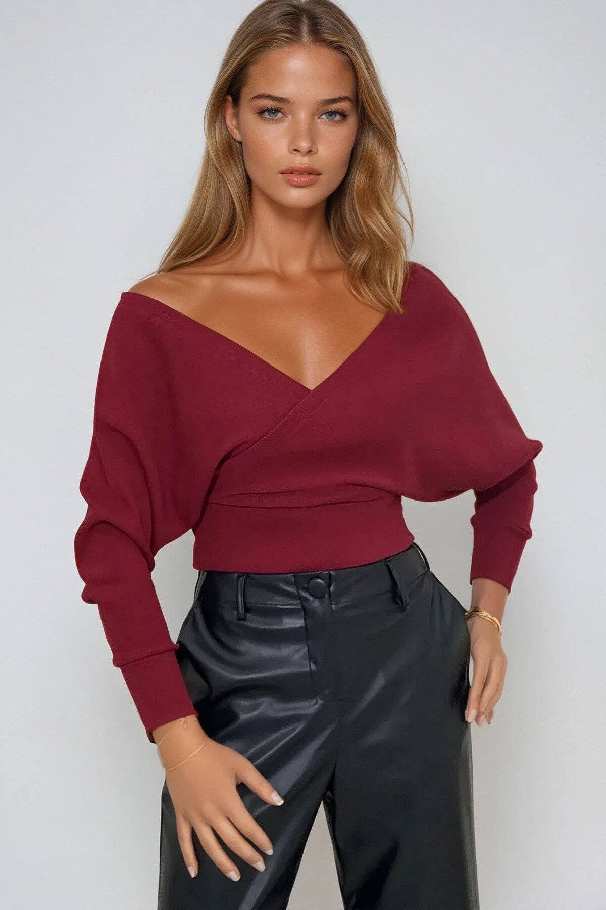 Bordo Ön Arka V Yaka Kruvaze Bluz