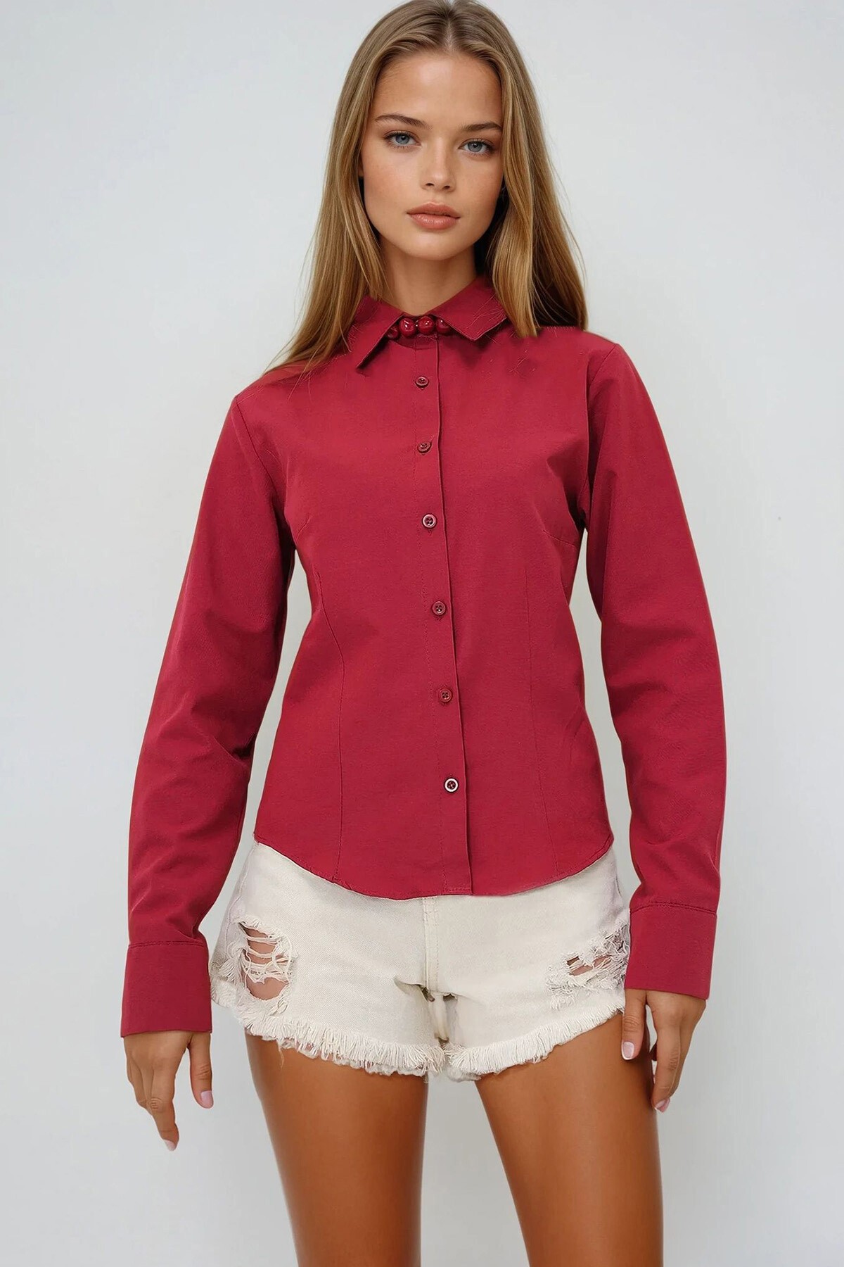 Bordo Önü Ve Arkası Pensli Belden Oturtmalı Poplin Gömlek