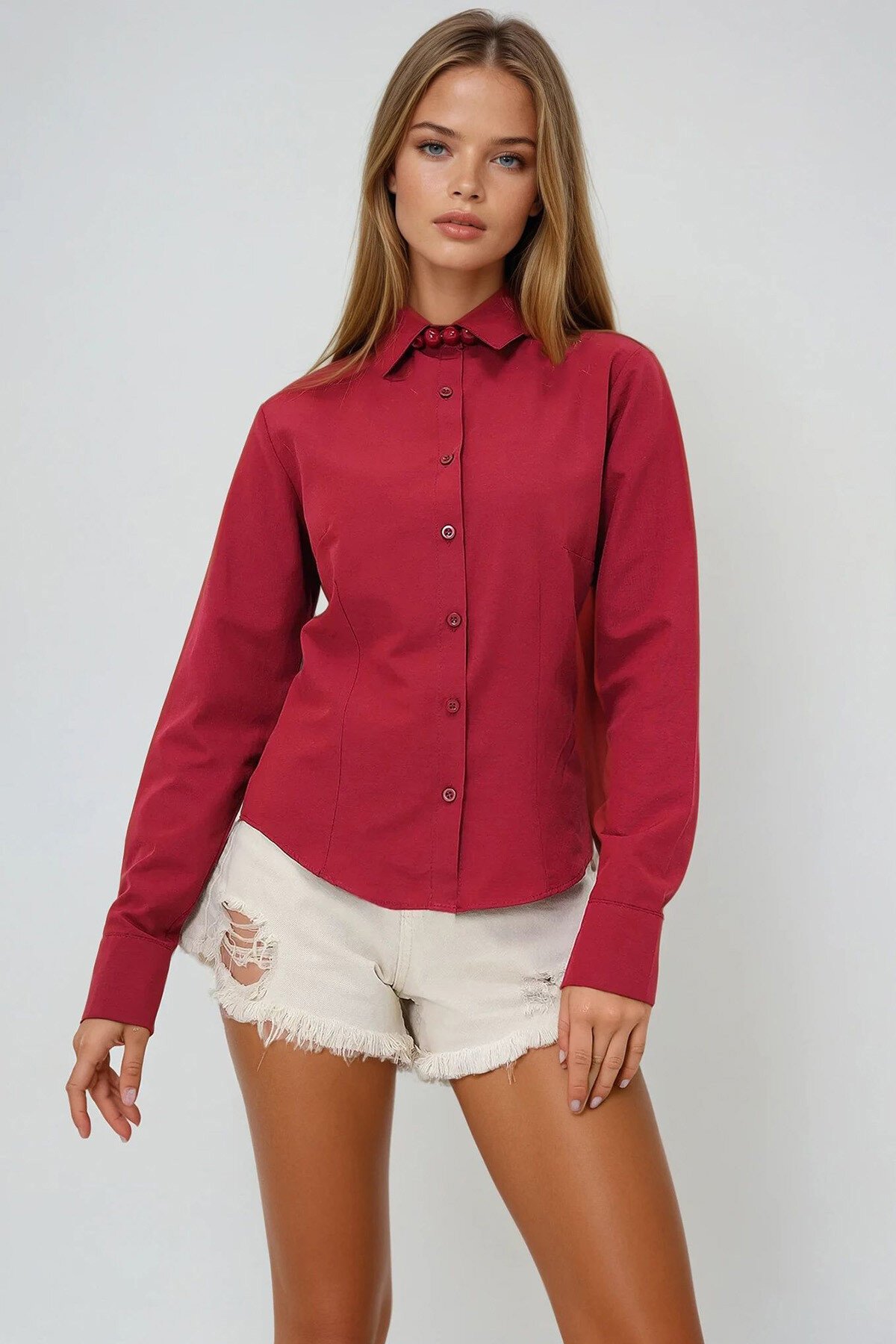 Bordo Önü Ve Arkası Pensli Belden Oturtmalı Poplin Gömlek