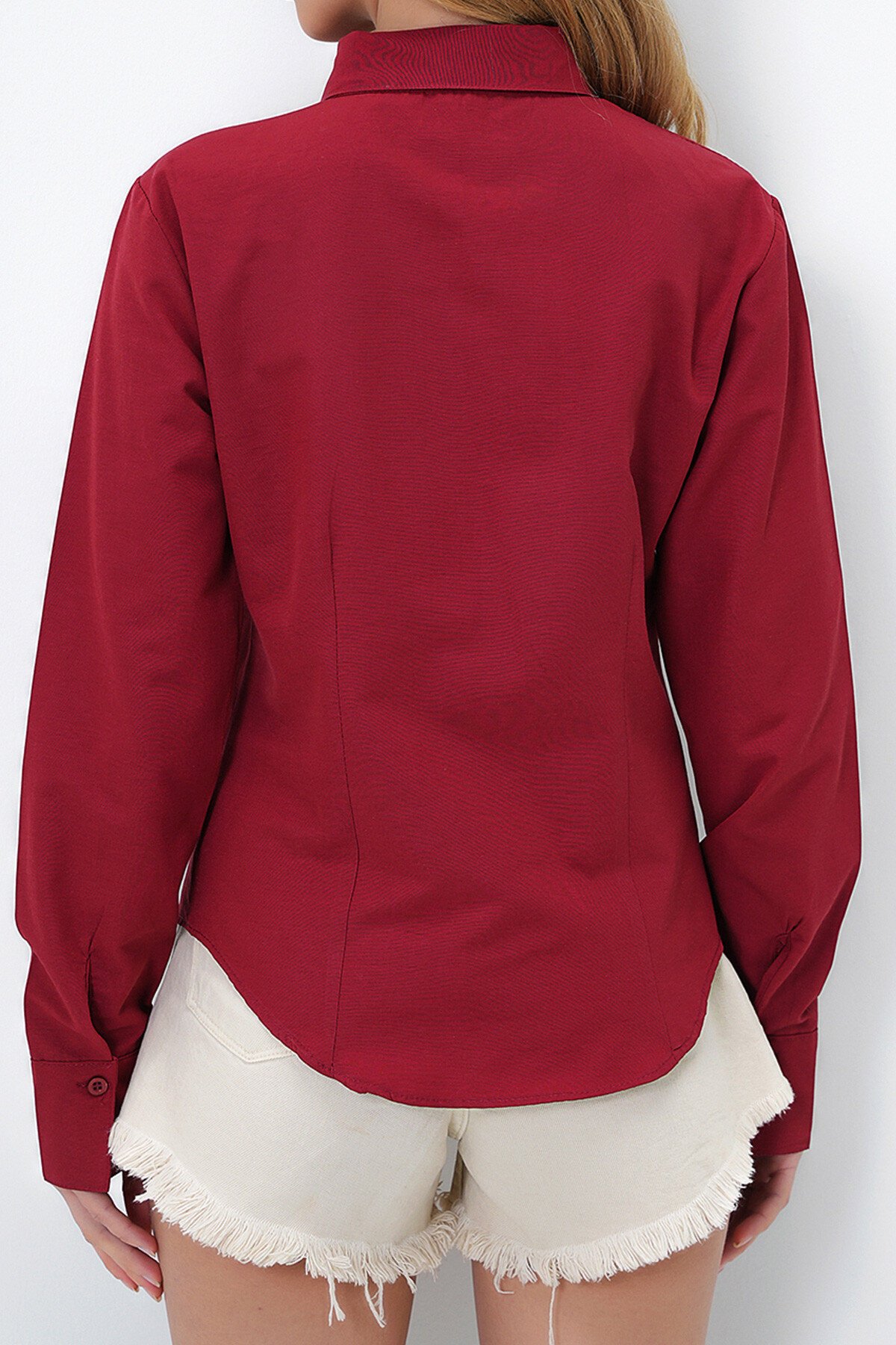 Bordo Önü Ve Arkası Pensli Belden Oturtmalı Poplin Gömlek