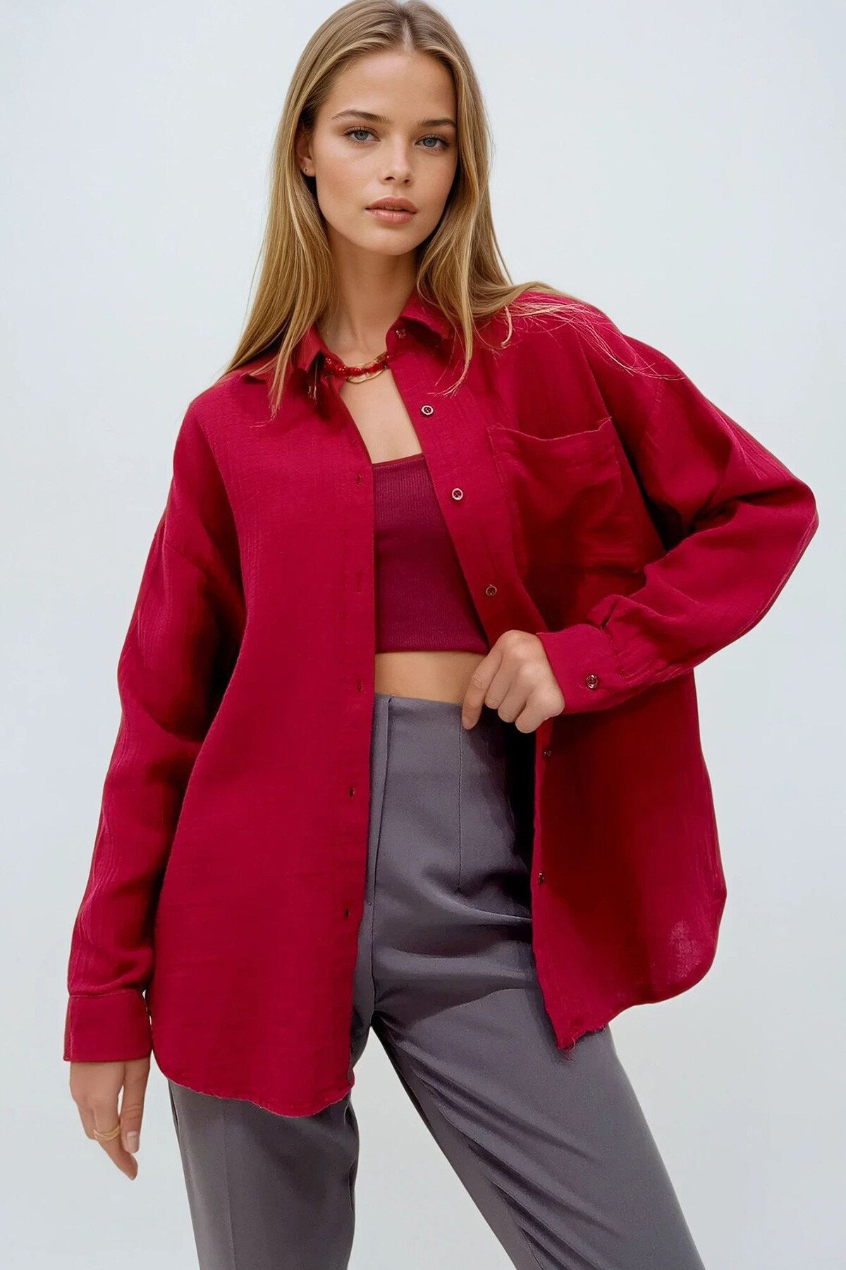 Bordo Tek Cepli Keten Görünümlü Oversize Dokuma Gömlek