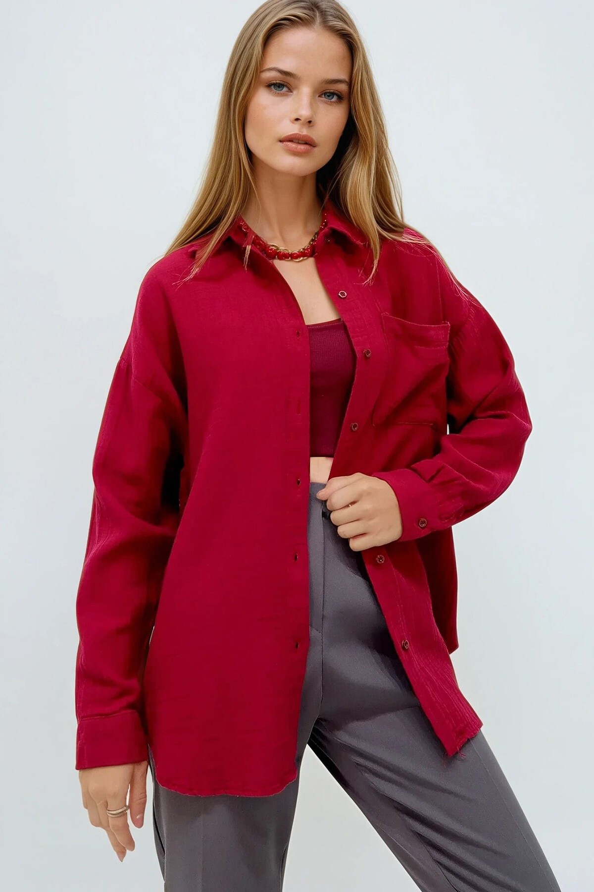 Bordo Tek Cepli Keten Görünümlü Oversize Dokuma Gömlek